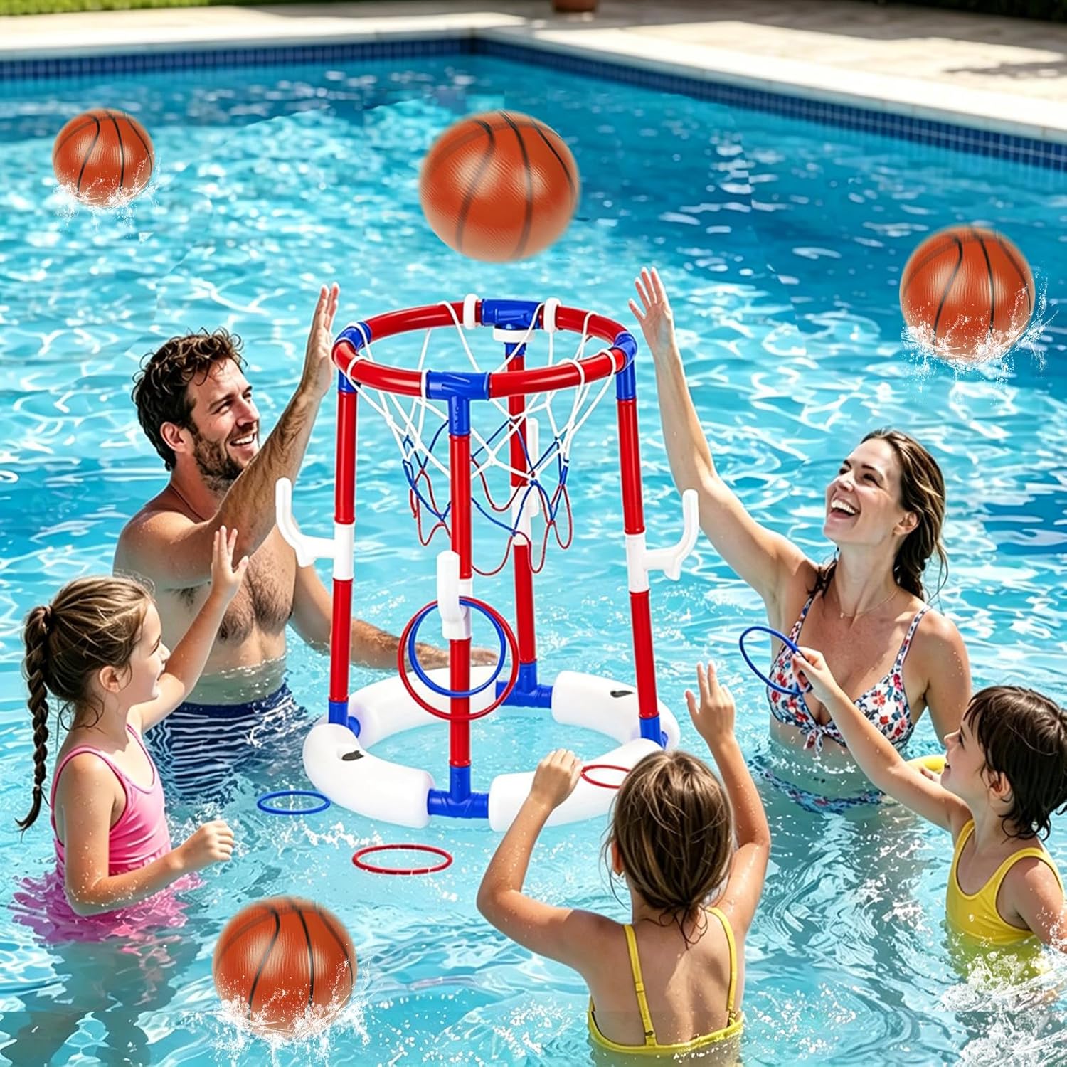 2-in-1 Poor Toy Basketball & Ring Toss Game with 4 Balls, 6 Rings&Pump, Summer Pool Toys Outdoor Water Fun Family Party for Age 3-12 Quick Pick Grocers