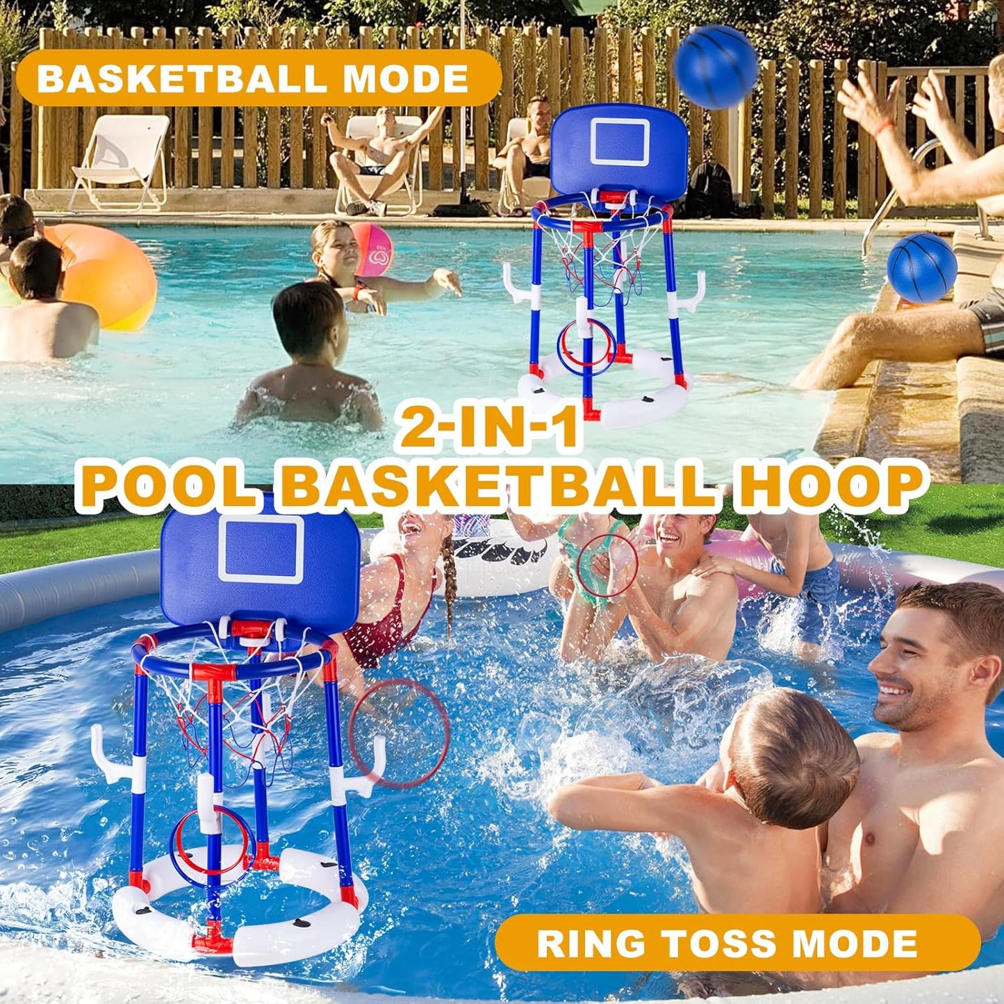 2-in-1 Poor Toy Basketball & Ring Toss Game with 4 Balls, 6 Rings&Pump, Summer Pool Toys Outdoor Water Fun Family Party for Age 3-12 Quick Pick Grocers