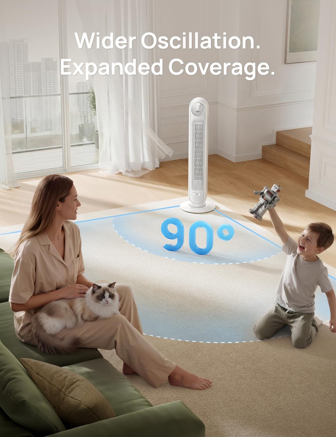DREO Tower Fan for Bedroom, 2026 Upgraded DC Motor, 28ft/s High Velocity, 20dB Ultra Quiet Standing Fan, 8 Speeds 4 Modes, 90° Oscillating Bladeless Fan for Indoors, Floor Fans with Remote Quick Pick Grocers