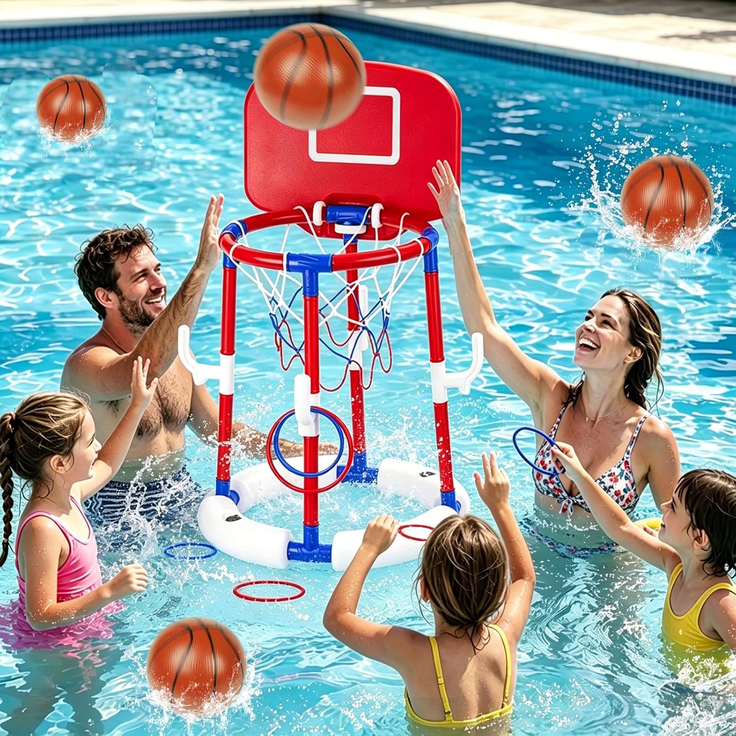 2-in-1 Poor Toy Basketball & Ring Toss Game with 4 Balls, 6 Rings&Pump, Summer Pool Toys Outdoor Water Fun Family Party for Age 3-12 Quick Pick Grocers