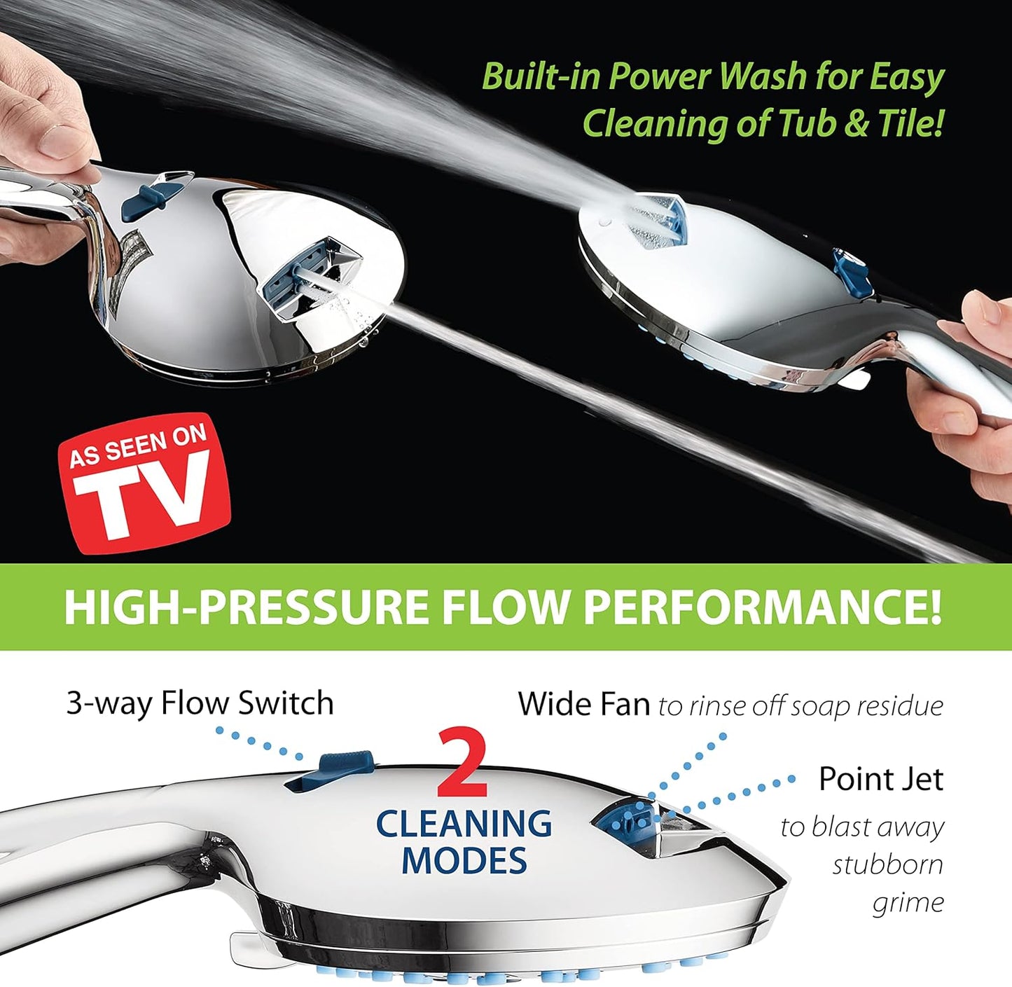 Hotel Spa AquaCare High Pressure 8-mode Handheld Shower Head, Anti-clog Nozzles - Built-in Power Wash to Clean Tub, Tile & Pets, Extra Long 6 ft. Stainless Steel Hose, Wall & Overhead Brackets Quick Pick Grocers