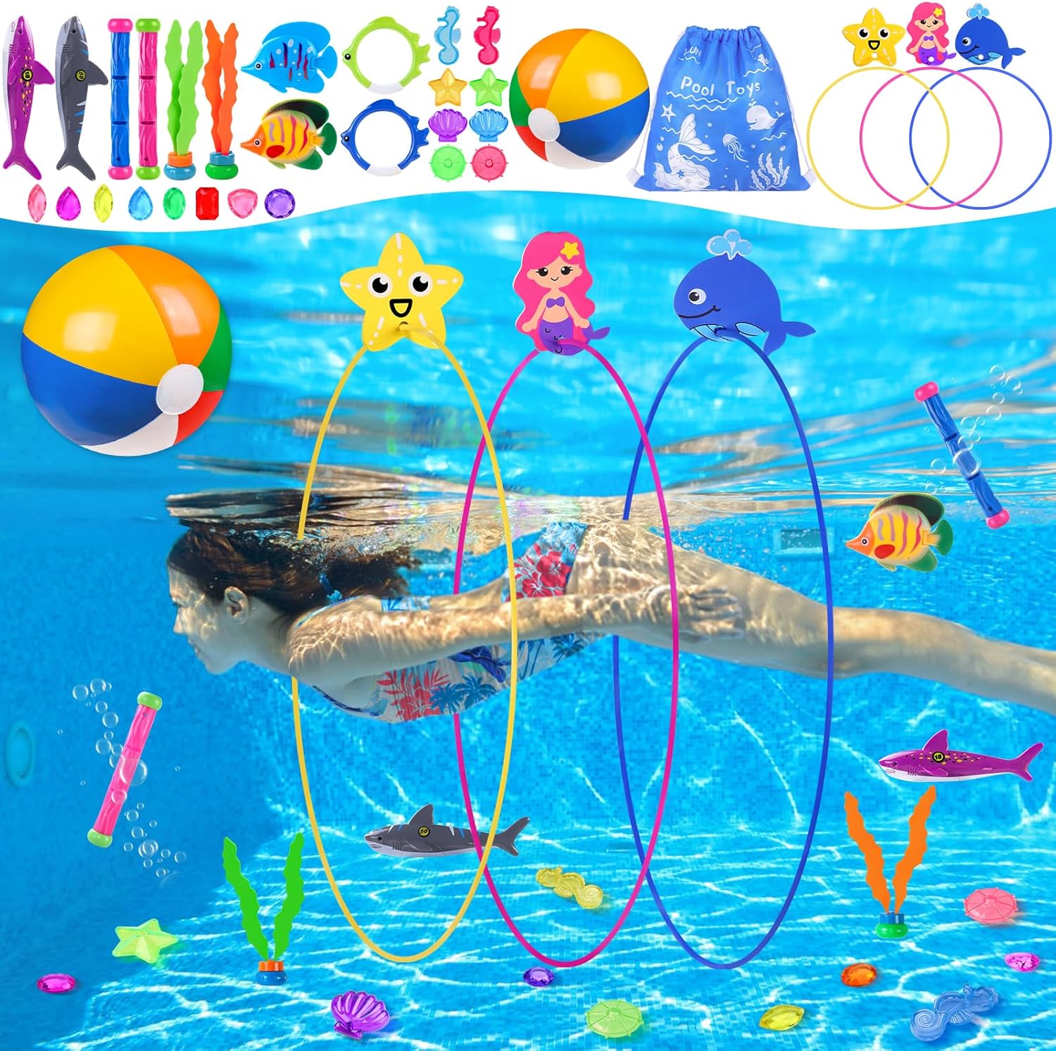 YUJUN Pool Diving Swimming Toys, Summer Underwater Game Toys with Pool Fishes Dive Sticks Rings Gems Storage Bag for Kids Swim Birthday Party Favors Quick Pick Grocers