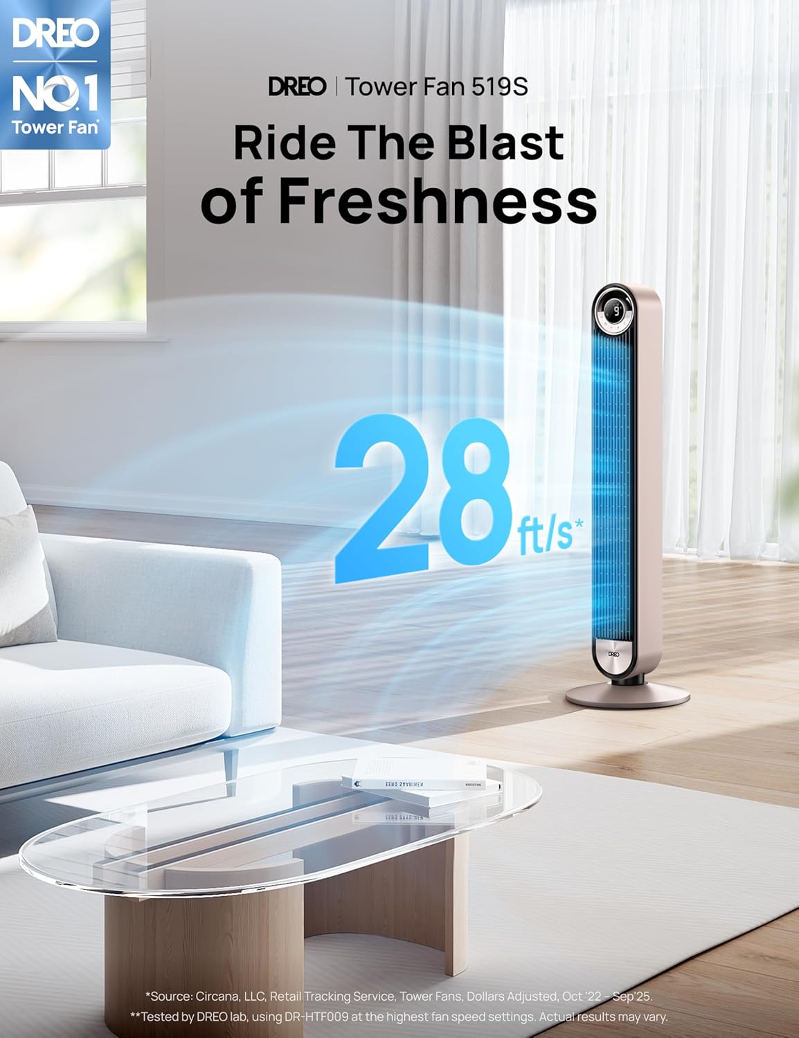 DREO Tower Fan for Bedroom, 90° Oscillating Standing Fan with 28ft/s Velocity, 20dB Quiet for Sleep, DC Motor, 9 Speeds, 4 Modes, 12H Timer, Voice & APP & Remote Control, Starlight Quick Pick Grocers