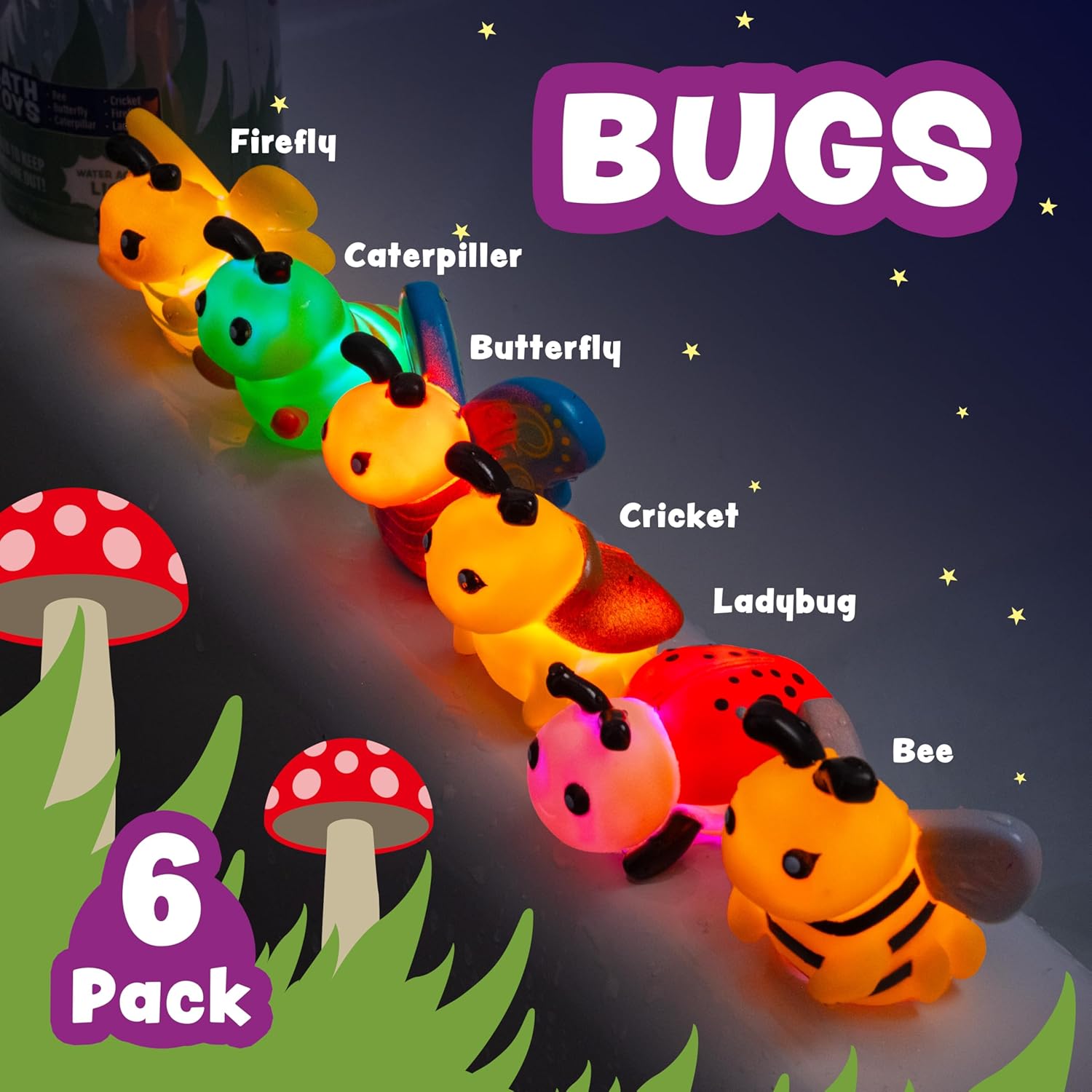 Tub Works® Bugs™ Light Up Bath Toys, 6 Pack | Water-Activated Light Up Toys Flash & Change Color | Easy-Grip Baby Girl & Toddler Bath Toys | Sensory Bathtub Toys with Bath Lights Quick Pick Grocers