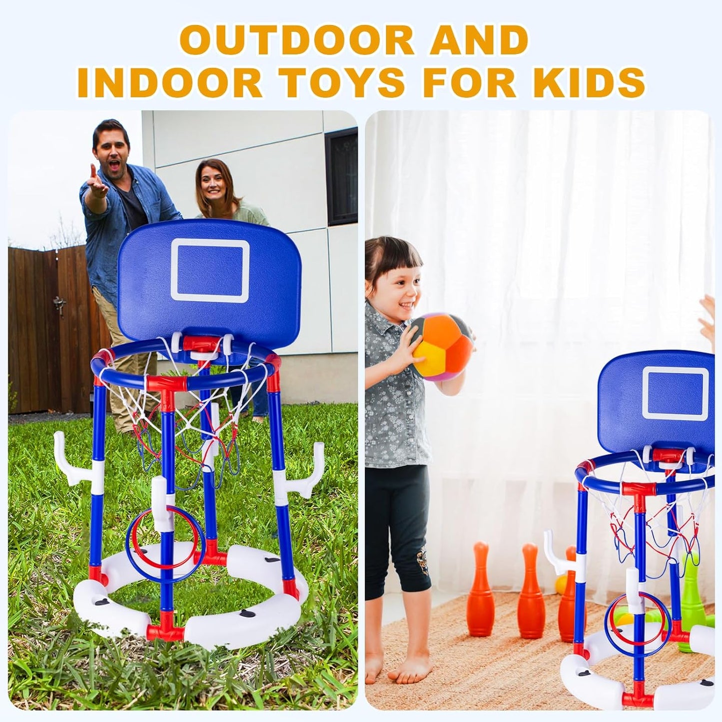 2-in-1 Poor Toy Basketball & Ring Toss Game with 4 Balls, 6 Rings&Pump, Summer Pool Toys Outdoor Water Fun Family Party for Age 3-12 Quick Pick Grocers