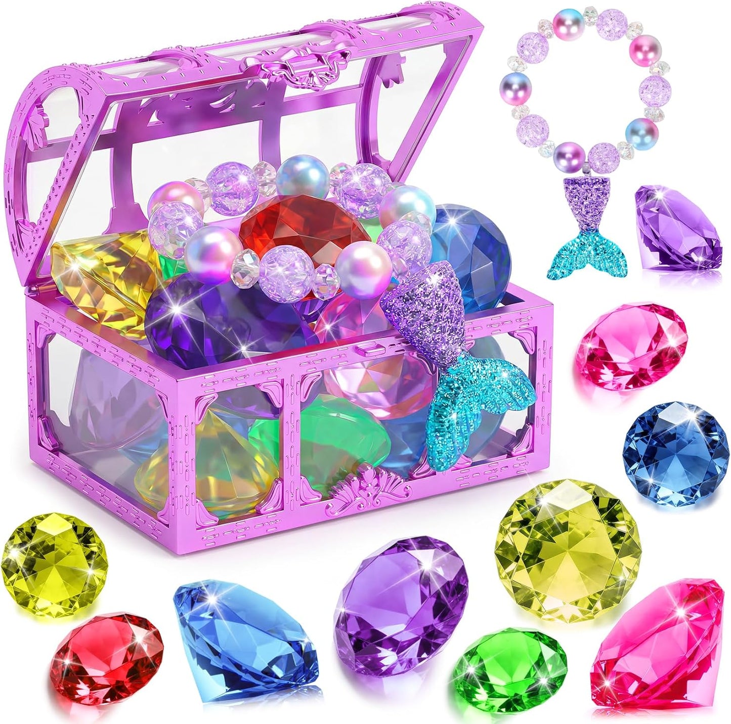 VGOFUN Diving Gems Pool Toys,10 Pcs Colorful Diamond with Treasure Chest Pirate Box Kids Swim Toys Acrylic Underwater Gemstone for Boys Girls Bath Toys Swimming Training Gift Water Pool Games Quick Pick Grocers