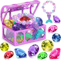 VGOFUN Diving Gems Pool Toys,10 Pcs Colorful Diamond with Treasure Chest Pirate Box Kids Swim Toys Acrylic Underwater Gemstone for Boys Girls Bath Toys Swimming Training Gift Water Pool Games Quick Pick Grocers