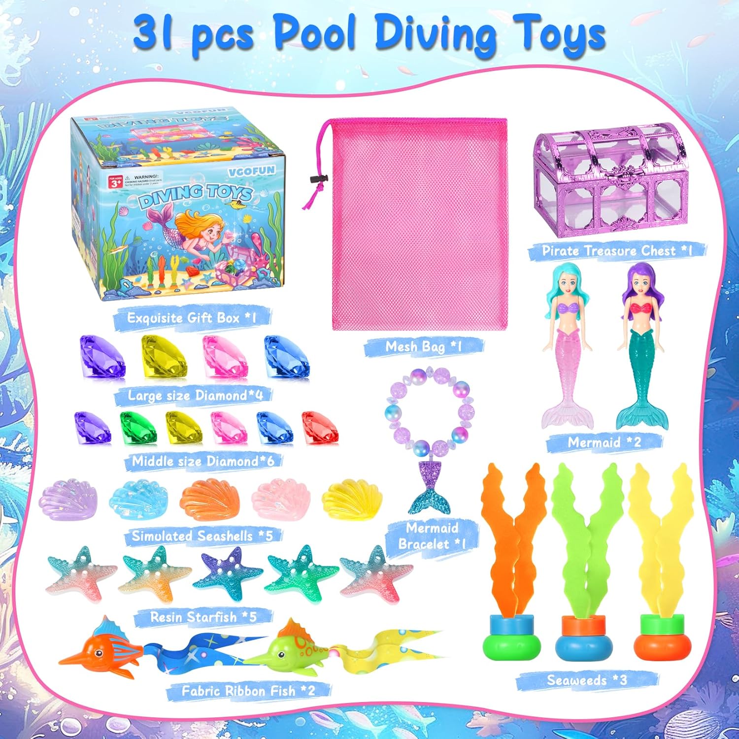 VGOFUN Diving Gems Pool Toys,10 Pcs Colorful Diamond with Treasure Chest Pirate Box Kids Swim Toys Acrylic Underwater Gemstone for Boys Girls Bath Toys Swimming Training Gift Water Pool Games Quick Pick Grocers