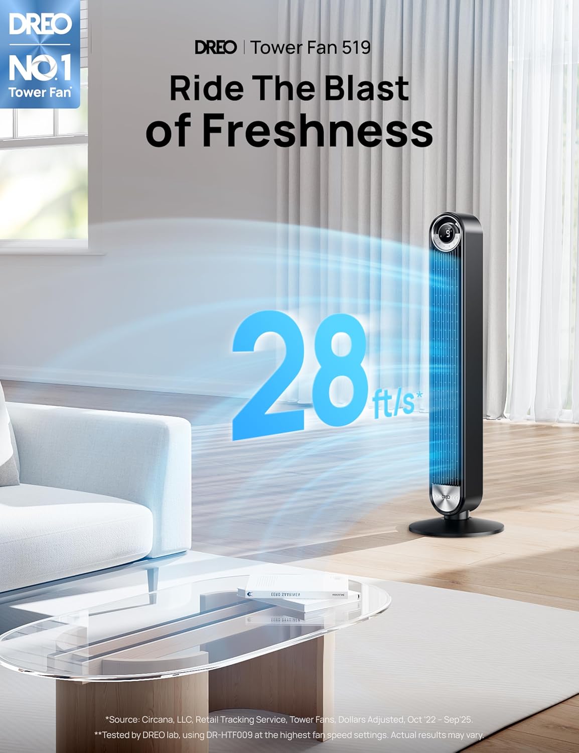DREO Tower Fan for Bedroom, 90° Oscillating Standing Fan with 28ft/s Velocity, 20dB Quiet for Sleep, DC Motor, 9 Speeds, 4 Modes, 12H Timer, Voice & APP & Remote Control, Starlight Quick Pick Grocers