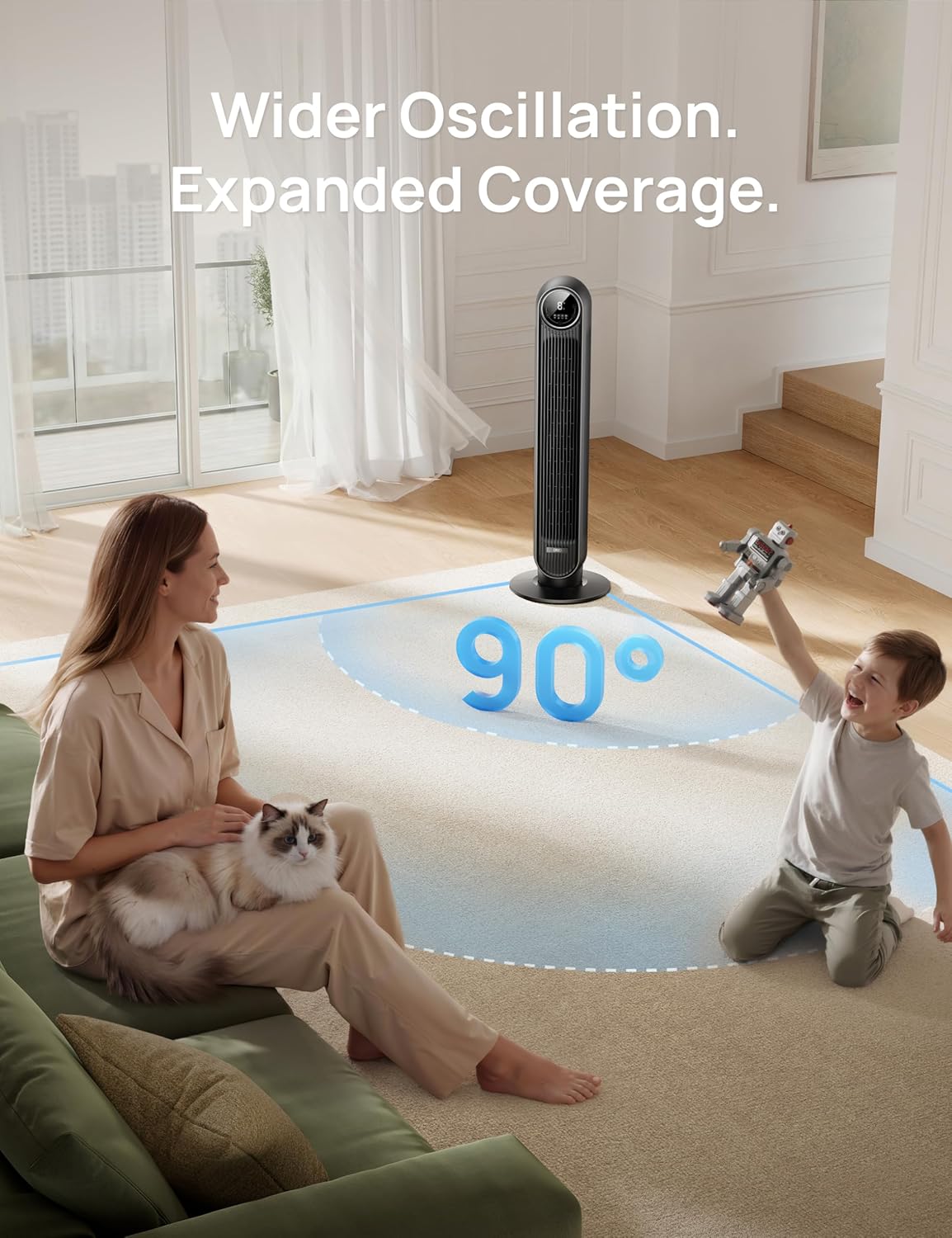 DREO Tower Fan for Bedroom, 2026 Upgraded DC Motor, 28ft/s High Velocity, 20dB Ultra Quiet Standing Fan, 8 Speeds 4 Modes, 90° Oscillating Bladeless Fan for Indoors, Floor Fans with Remote Quick Pick Grocers