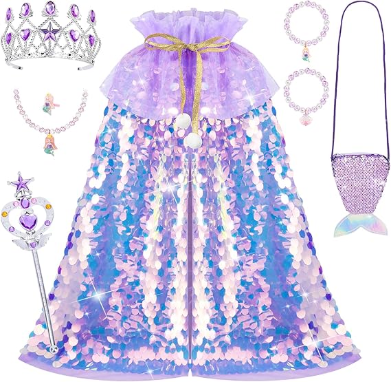 Meland Princess Dress Up for Girls 3-8, Mermaid Cape with Crown, Dress Up Clothes Birthday Gift Toys for Girls Toddlers Quick Pick Grocers
