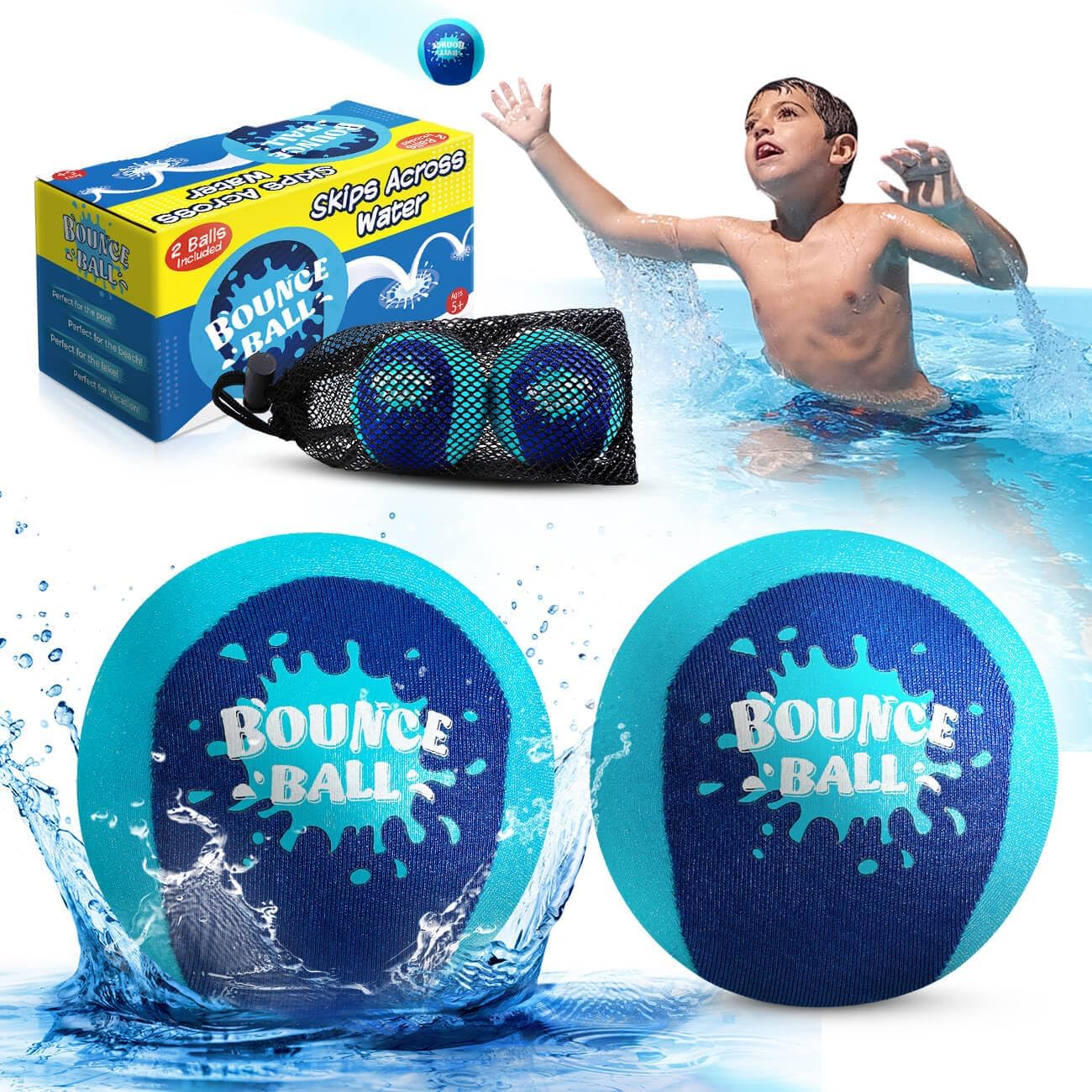 Bambilo Water Skipping Ball | 2-Pack Bounce Balls | Water Bouncing Beach Balls & Grip Ball | Pool Toys for Kids Age 5-8-12 | Great Summer Water Toy for Beach Swimming Pool River Lake Quick Pick Grocers