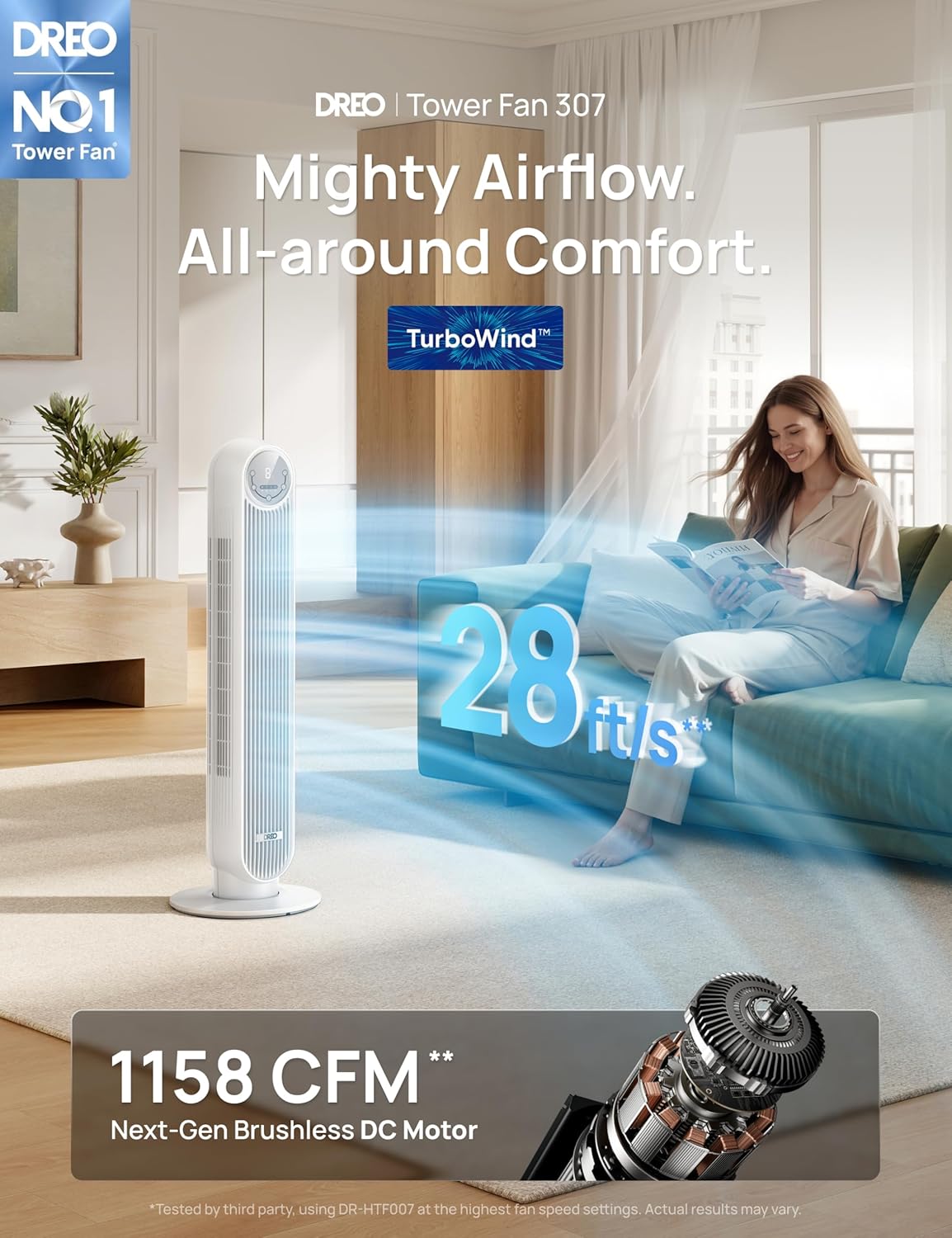 DREO Tower Fan for Bedroom, 2026 Upgraded DC Motor, 28ft/s High Velocity, 20dB Ultra Quiet Standing Fan, 8 Speeds 4 Modes, 90° Oscillating Bladeless Fan for Indoors, Floor Fans with Remote Quick Pick Grocers