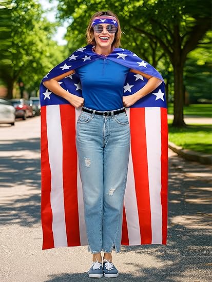 Frienda American Flag Costume Cape, 4th of July 250th Retro 80's USA Sunglasses and Flag Headband for 250th Anniversary Quick Pick Grocers