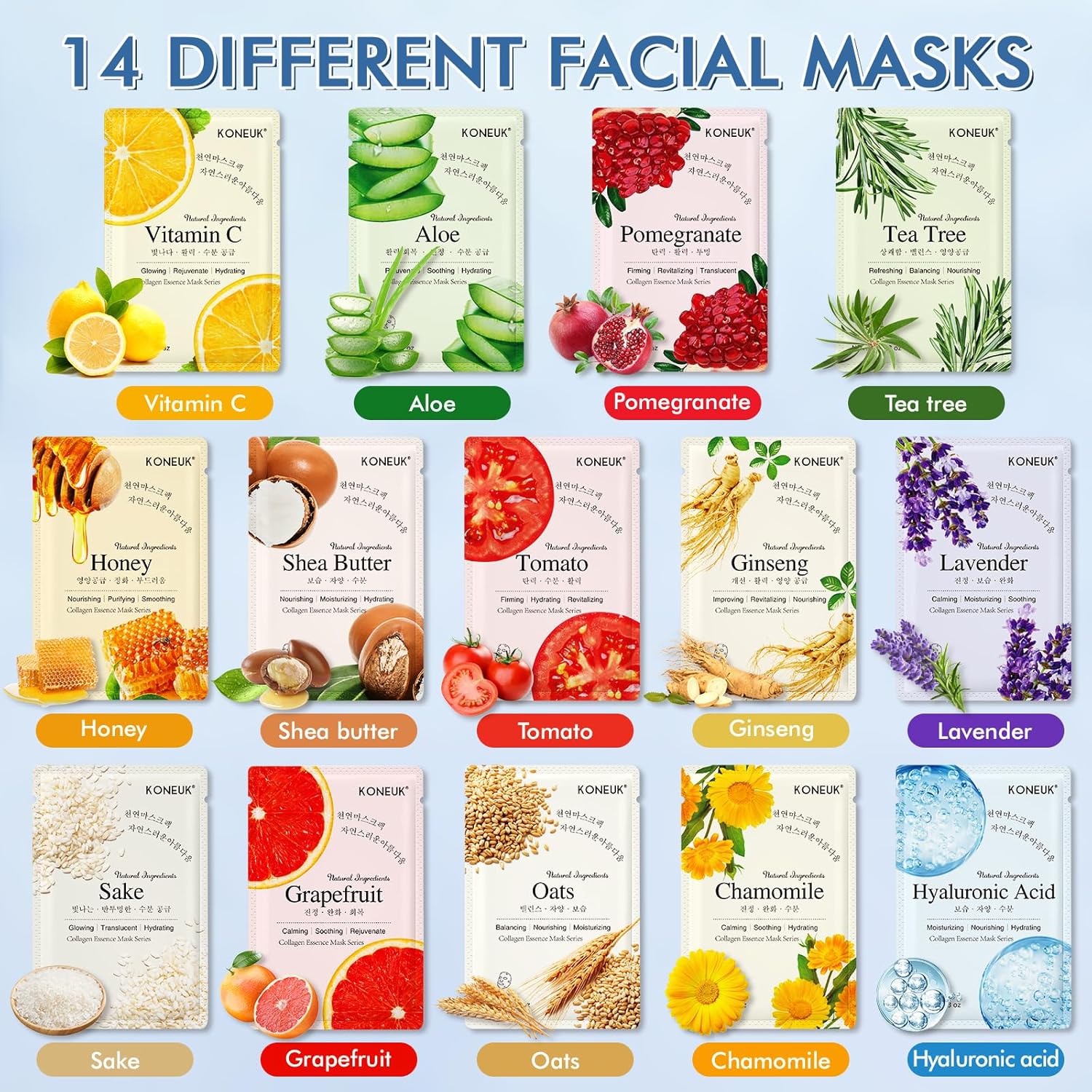 KONEUK 14 Pack Sheet Face Masks Skincare, Hydrating Face Masks Suitable for Dry Skin, Bulk Facial Mask Set for Women Skin Care, Face Mask Gifts Set for Face Spa Quick Pick Grocers