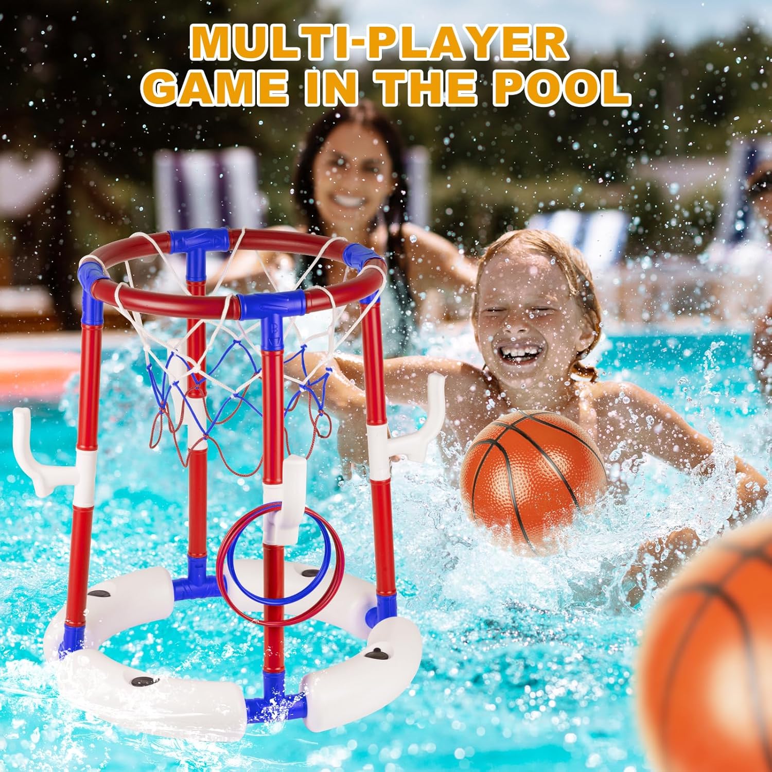 2-in-1 Poor Toy Basketball & Ring Toss Game with 4 Balls, 6 Rings&Pump, Summer Pool Toys Outdoor Water Fun Family Party for Age 3-12 Quick Pick Grocers