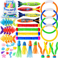 YUJUN Pool Diving Swimming Toys, Summer Underwater Game Toys with Pool Fishes Dive Sticks Rings Gems Storage Bag for Kids Swim Birthday Party Favors Quick Pick Grocers