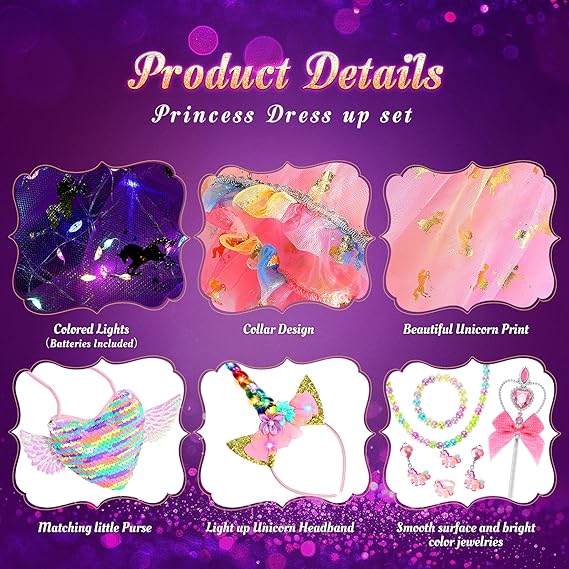 Fedio Princess Dress up for Girls,Unicorn Light up Princess Cape Set,Light up Princess Dress with Unicorn Toys for Girls 3-8 Quick Pick Grocers