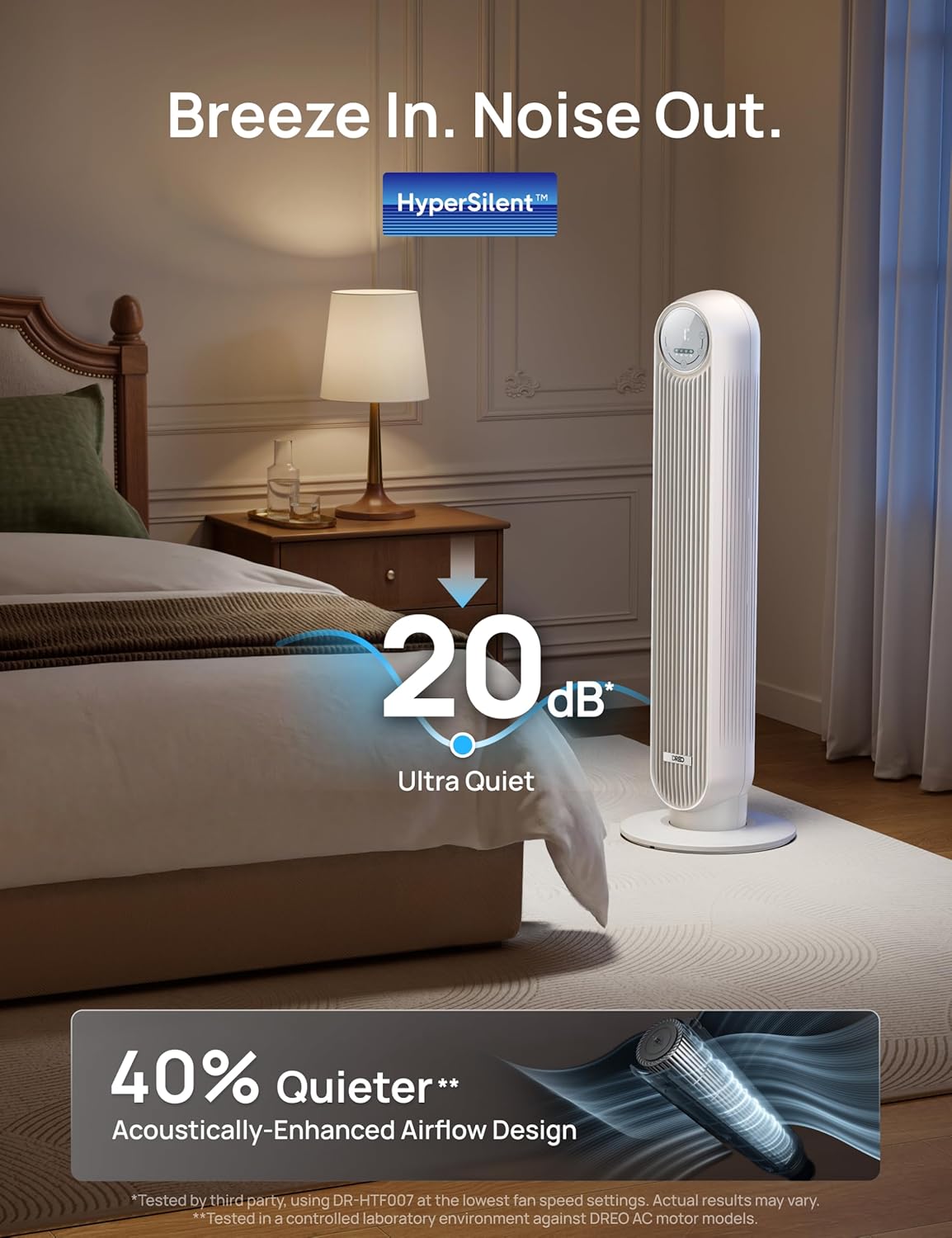 DREO Tower Fan for Bedroom, 2026 Upgraded DC Motor, 28ft/s High Velocity, 20dB Ultra Quiet Standing Fan, 8 Speeds 4 Modes, 90° Oscillating Bladeless Fan for Indoors, Floor Fans with Remote Quick Pick Grocers