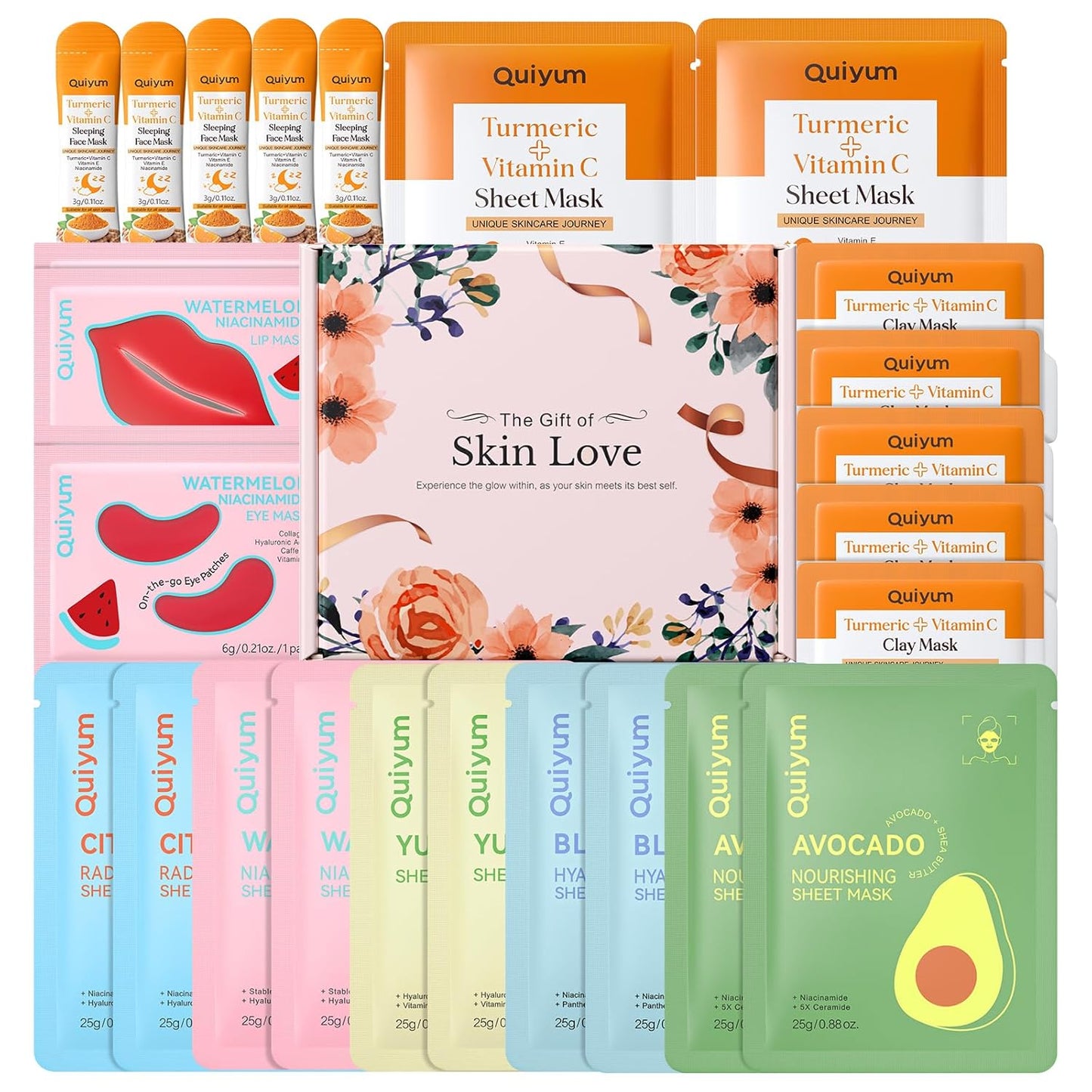 QUIYUM Skincare Set - 26PCS Face Masks & Lip-Eye Masks, Fruit & Turmeric VC Masks Gifts for Women Teen Girls, Travel Size Toiletries for Mother's Day Christmas Birthday Quick Pick Grocers
