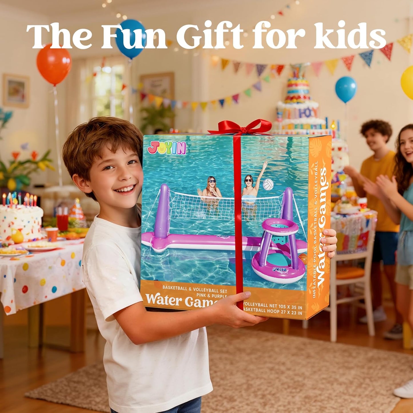 JOYIN Inflatable Pool Float Set Volleyball Net & Basketball Hoops, Balls Included for Kids and Adults Swimming Game Toy, Summer Floaties, Volleyball Court |Basketball Quick Pick Grocers