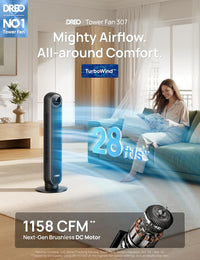 DREO Tower Fan for Bedroom, 2026 Upgraded DC Motor, 28ft/s High Velocity, 20dB Ultra Quiet Standing Fan, 8 Speeds 4 Modes, 90° Oscillating Bladeless Fan for Indoors, Floor Fans with Remote Quick Pick Grocers