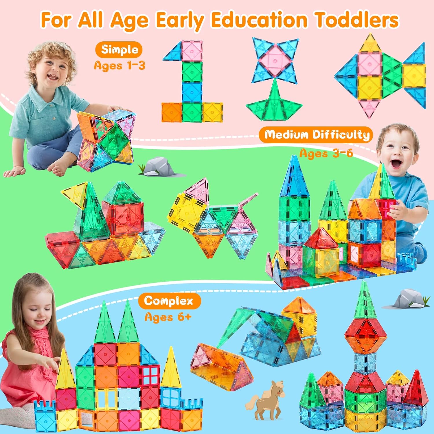 Magnetic Tiles Building Blocks for 3 4 5 6 7 8+ Years Old Boys Girls Colorful Magnet Stacking Toys Birthday Gift for Toddlers STEM Preschool Educational Construction Tiles Set Quick Pick Grocers