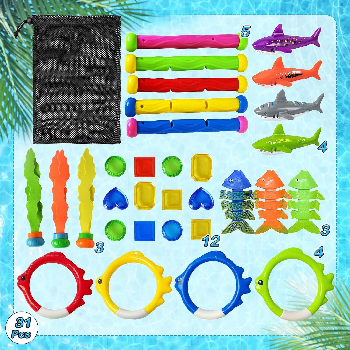 Jasonwell Pool Diving Toys Games - Swimming Pool Toys with Dive Sticks and Rings Underwater Treasures Torpedo Bandits Fish Toy etc Fun Water Swim Toy for Boys Girls Adults Kids Teens Quick Pick Grocers