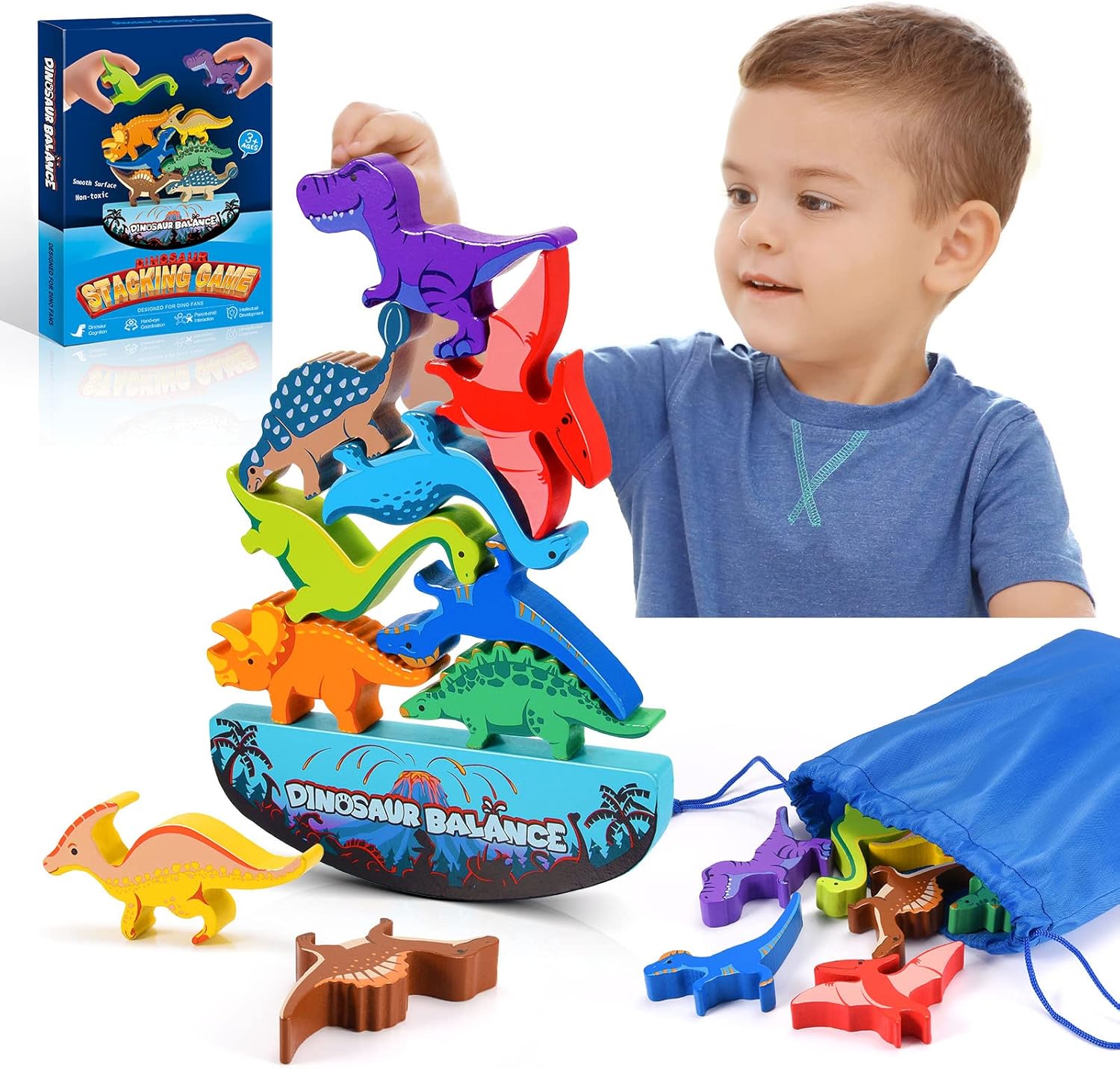 IPOURUP Dinosaur Toys for Kids 3-5: Wooden Stacking Montessori Toys for 3 4 5 6 7 8 Year Old Boys Girls Birthday Gifts for Kid Ages 4-8 Balance Competition Game for Family Stocking Stuffers Quick Pick Grocers
