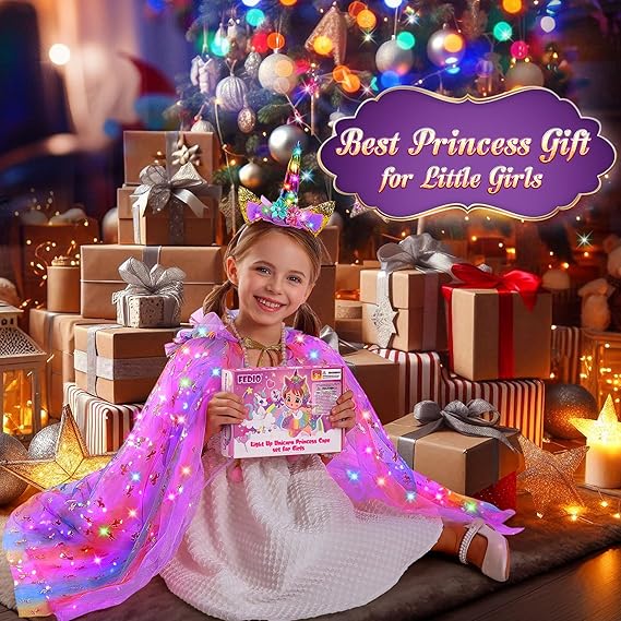 Fedio Princess Dress up for Girls,Unicorn Light up Princess Cape Set,Light up Princess Dress with Unicorn Toys for Girls 3-8 Quick Pick Grocers