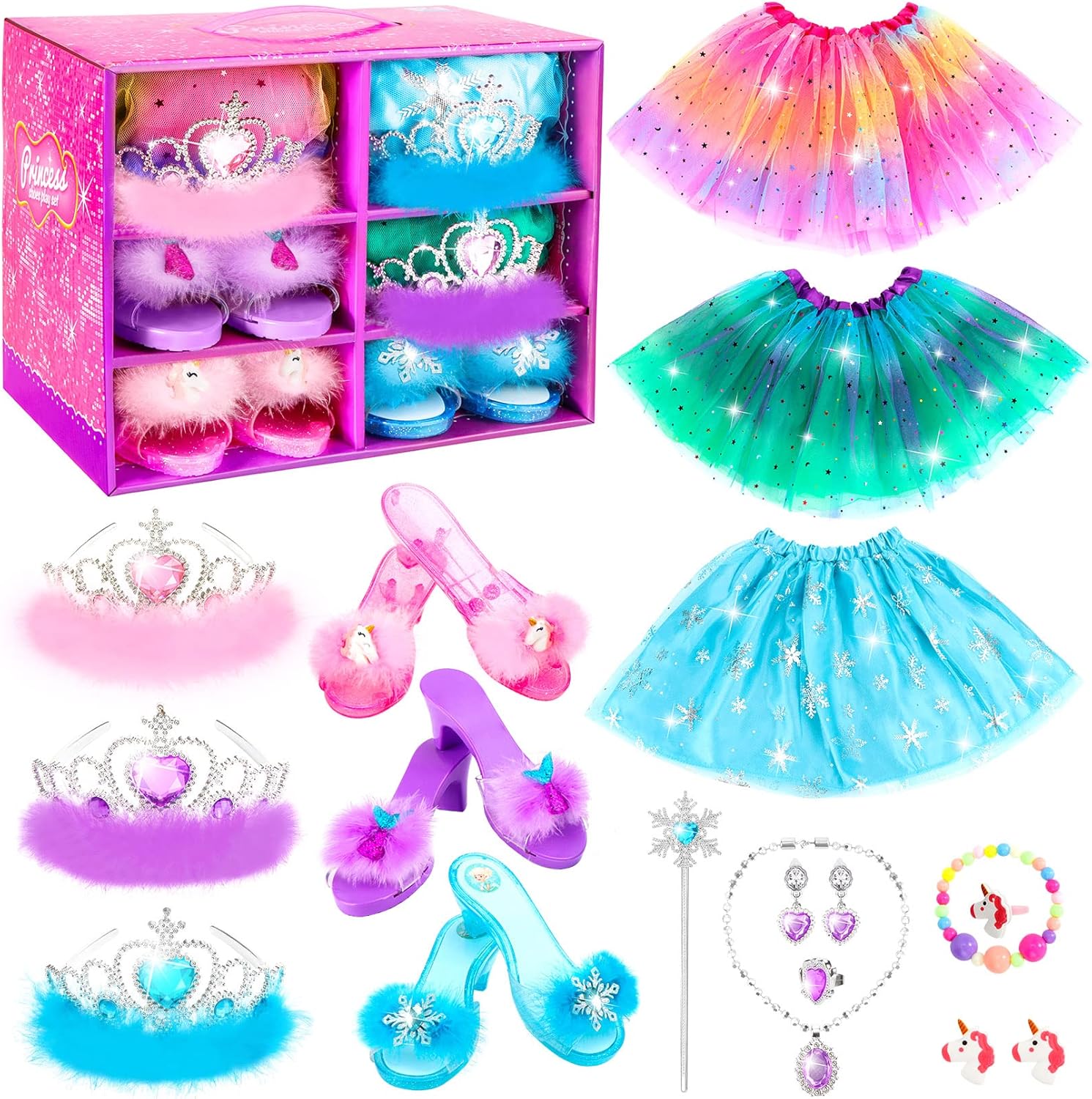 Princess Dress Up Shoes Set, Girls Dress Up Toys Toddler Jewelry Boutique Kit, 3 Themes of Unicorn Mermaid Ice Princess Costumes Set, Pretend Play Gifts for Little Girls Aged 3-6 Years Old Quick Pick Grocers