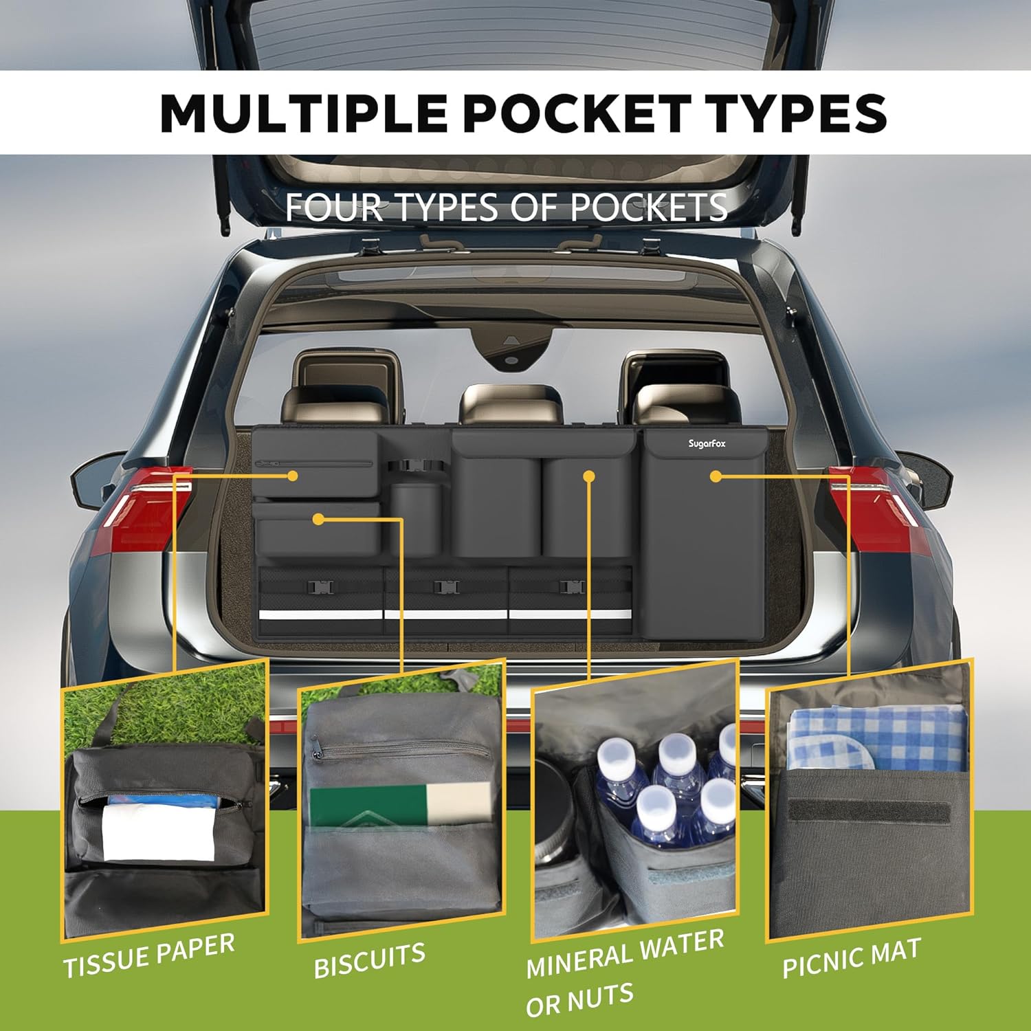 SugarFox Backseat Hanging Trunk Organizer for SUVs, Cars, Trucks & MPVs | Multi-Pocket Storage with Anti-Slip Straps | Space-Saving Auto Accessory | Gift for Drivers | 37.8" x 18.1" Quick Pick Grocers