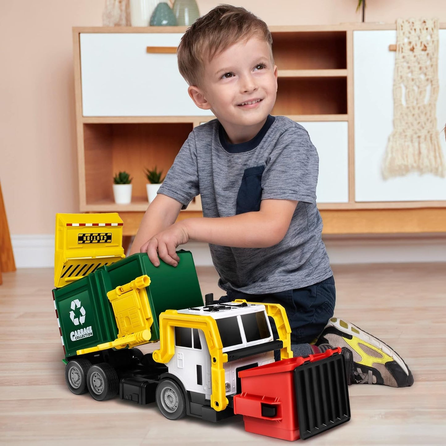JOYIN Large Friction Powered Garbage Truck Toy Set, Includes Dumpster, Trash Bins, and Learning Cards for Kids Quick Pick Grocers