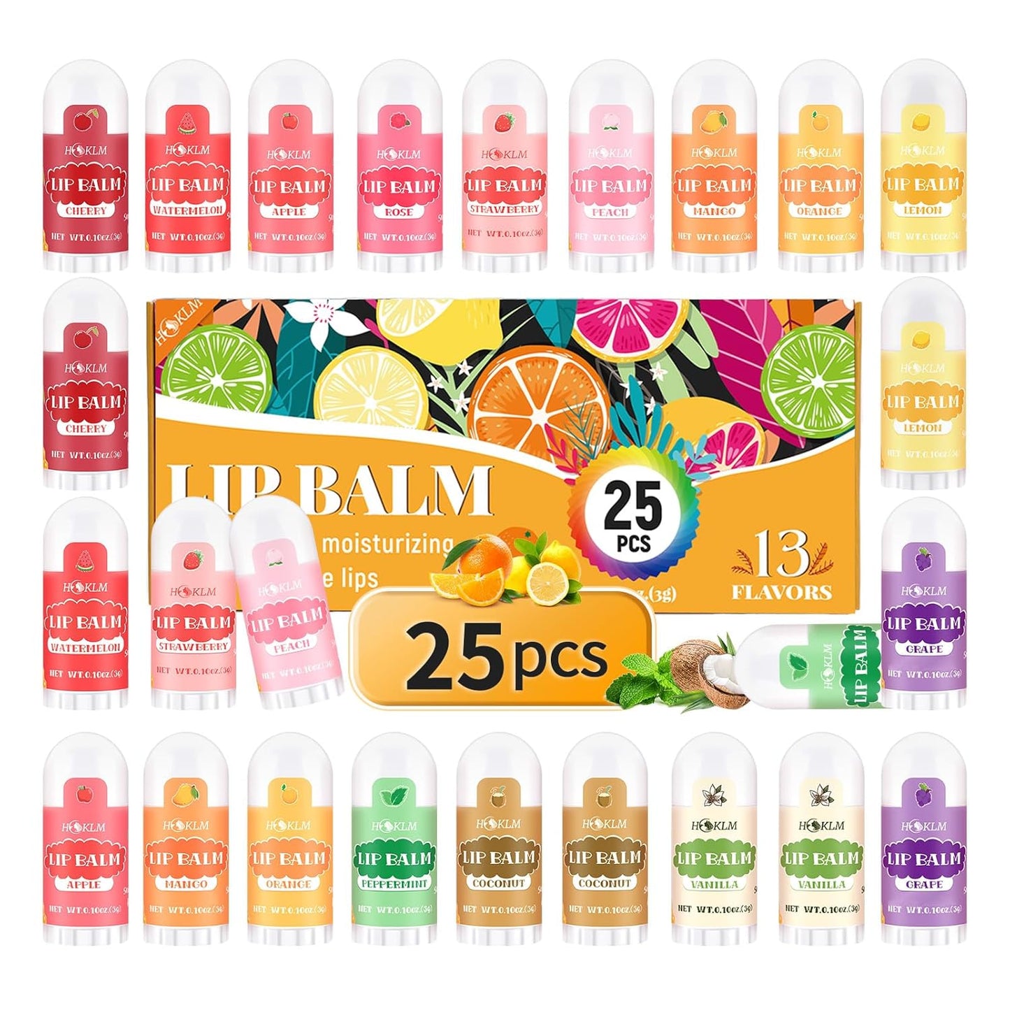 Mini Lip Balm 25 Pack, Natural Lip Balms with Vitamin E and Coconut Oil. Moisturizes for Dry Lips, Perfect for Christmas Gifts, Party Favors, Gift Bags and Small Gifts-13 Flavors Quick Pick Grocers