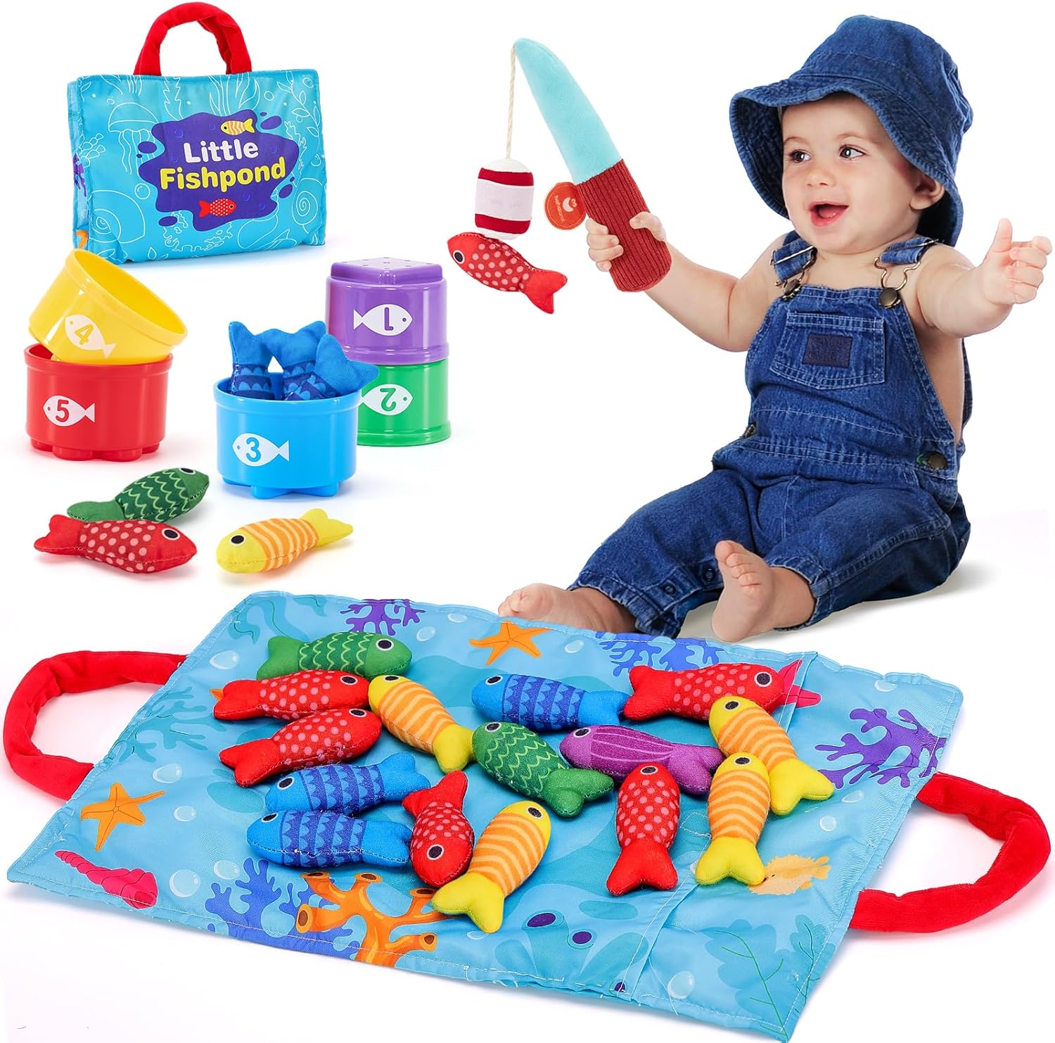 hahaland Montessori Toys for 1 Year Old Boy Girl Birthday Gift - 10 in 1 Cloth Fishing Game Toddler Toys with Stacking Cups - Number Counting, Color Sorting Learning Quick Pick Grocers