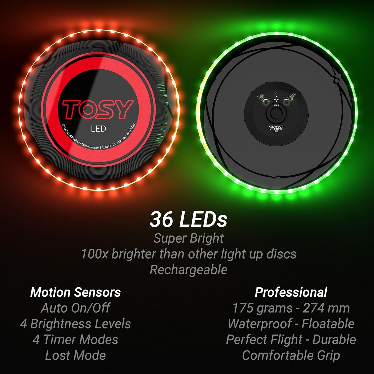 TOSY Flying Disc - 108 RGB Multicolor or 36 Monocolor LEDs, Super Bright, Smart Modes, Easter Basket Stuffers Gift, Camping Toy for Kid/Teen/Adult, Auto Light Up, Rechargeable, Waterproof, 175g Quick Pick Grocers