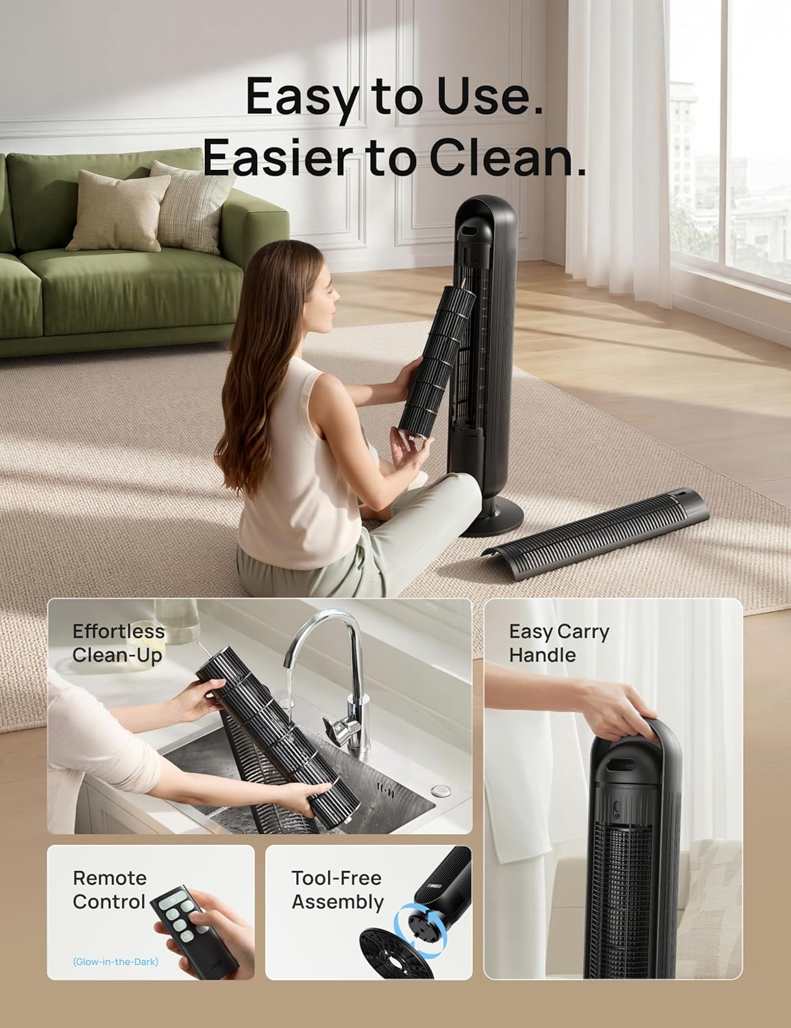 DREO Tower Fan for Bedroom, 2026 Upgraded DC Motor, 28ft/s High Velocity, 20dB Ultra Quiet Standing Fan, 8 Speeds 4 Modes, 90° Oscillating Bladeless Fan for Indoors, Floor Fans with Remote Quick Pick Grocers