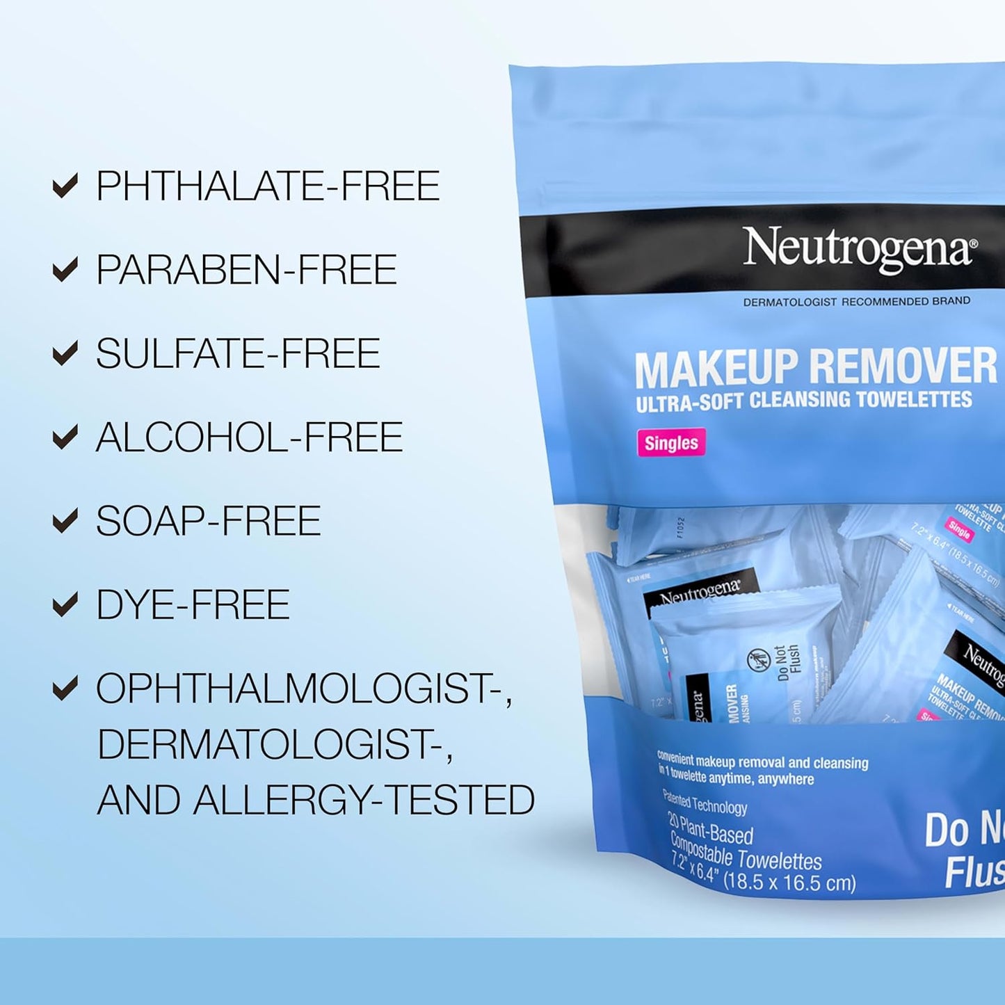 Neutrogena Makeup Remover Wipes, Daily Single Face Cleansing Towelettes, Makeup Removing Cleansing Wipes Removes Dirt & Oil, Alcohol-Free Face Towelettes, 20 ct Quick Pick Grocers