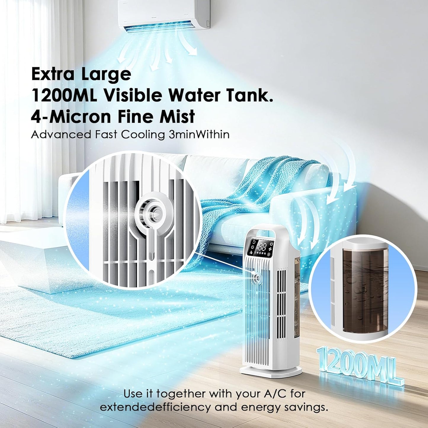 Portable Air Conditioners, 4 IN 1 Evaporative Air Cooler, 1200ML Water Tank, 3 Speeds & Storm Mode & Mist Spray, 120° Auto Oscillation, 12H Timer, Quiet Tower Cooling Fan for Room, Bedroom - White ﻿ Quick Pick Grocers