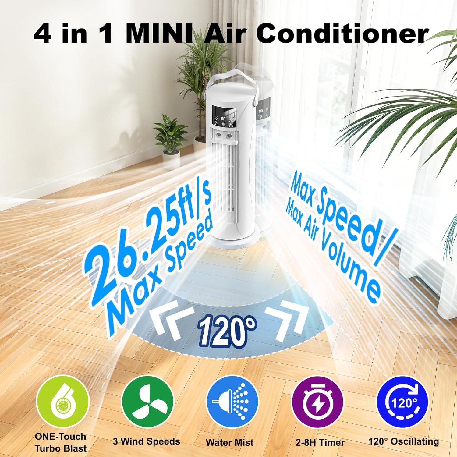 Portable Air Conditioners, 120 °rotating tower fan, portable AC for 3 wind speeds,Storm mode, 8H timing, Evaporative Air Cooler with remote control,750ML water tank, spray,cooling fan for home - white Quick Pick Grocers