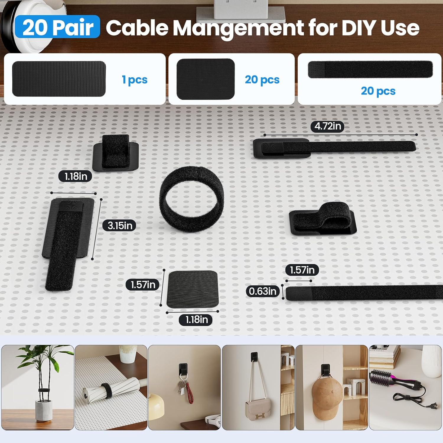 Cable Management Under Desk, 【Up to 15 Cord】【Enhanced Wire Holder】 Cord Organizer Holder, Adjustable Hook and Loop Cable Ties, Wire Clips Under Table Hider Quick Pick Grocers