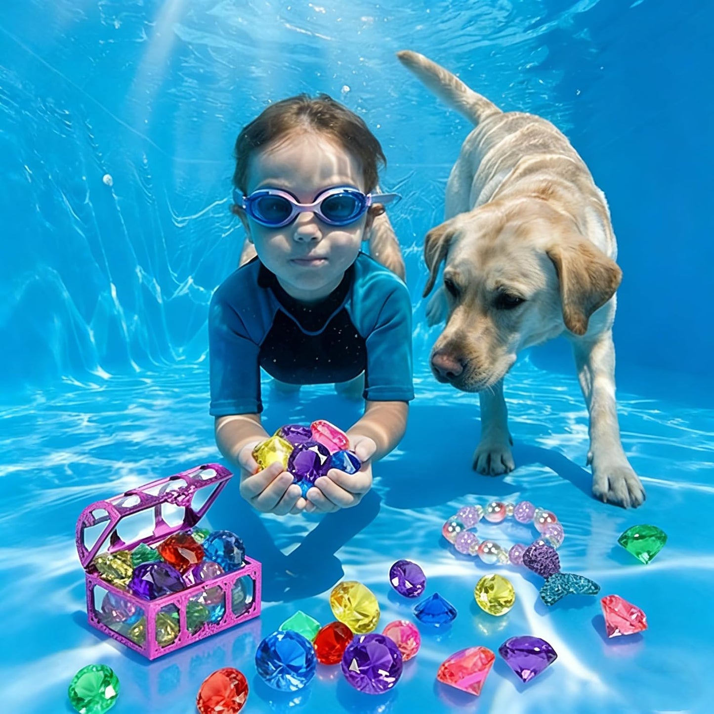 VGOFUN Diving Gems Pool Toys,10 Pcs Colorful Diamond with Treasure Chest Pirate Box Kids Swim Toys Acrylic Underwater Gemstone for Boys Girls Bath Toys Swimming Training Gift Water Pool Games Quick Pick Grocers