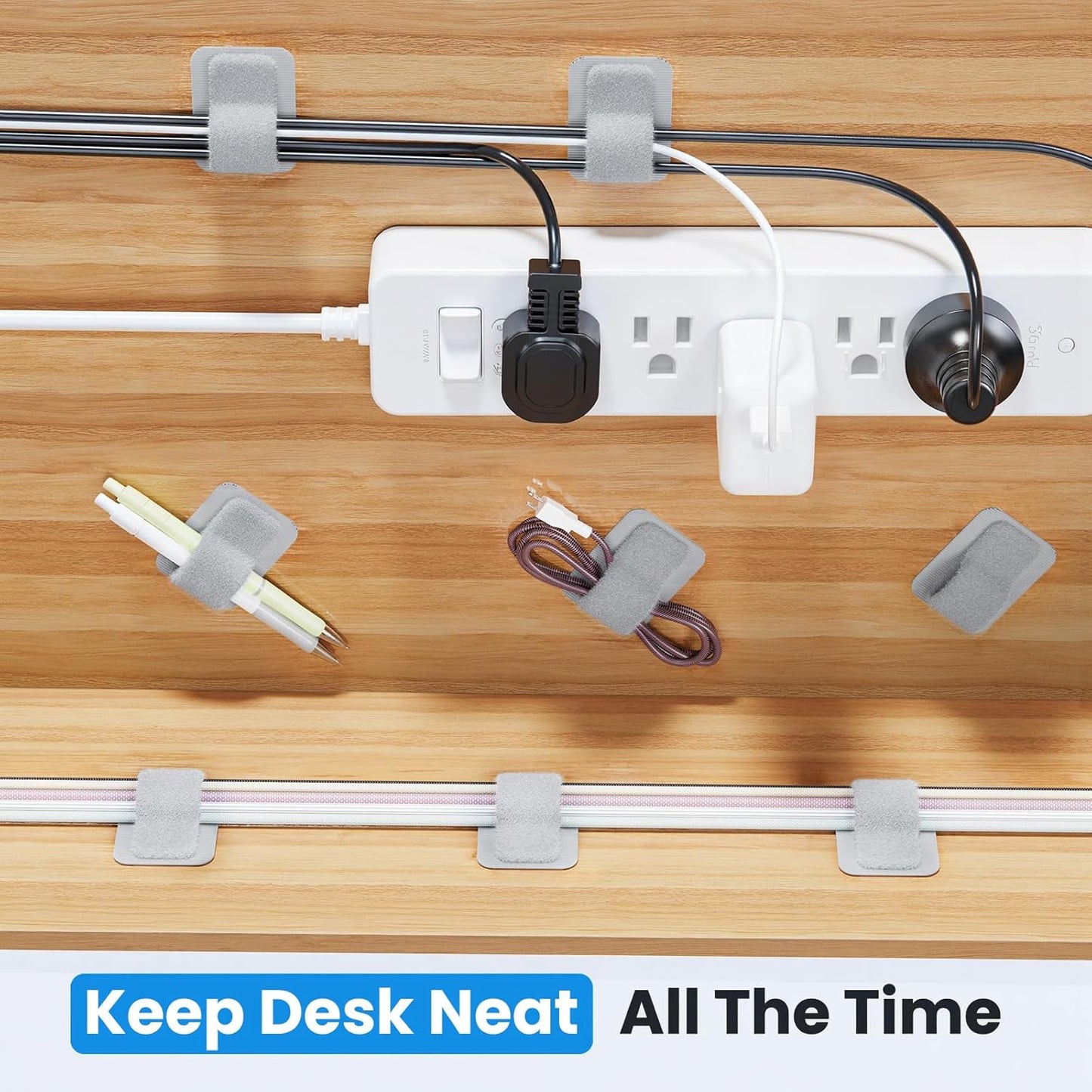Cable Management Under Desk, 【Up to 15 Cord】【Enhanced Wire Holder】 Cord Organizer Holder, Adjustable Hook and Loop Cable Ties, Wire Clips Under Table Hider Quick Pick Grocers