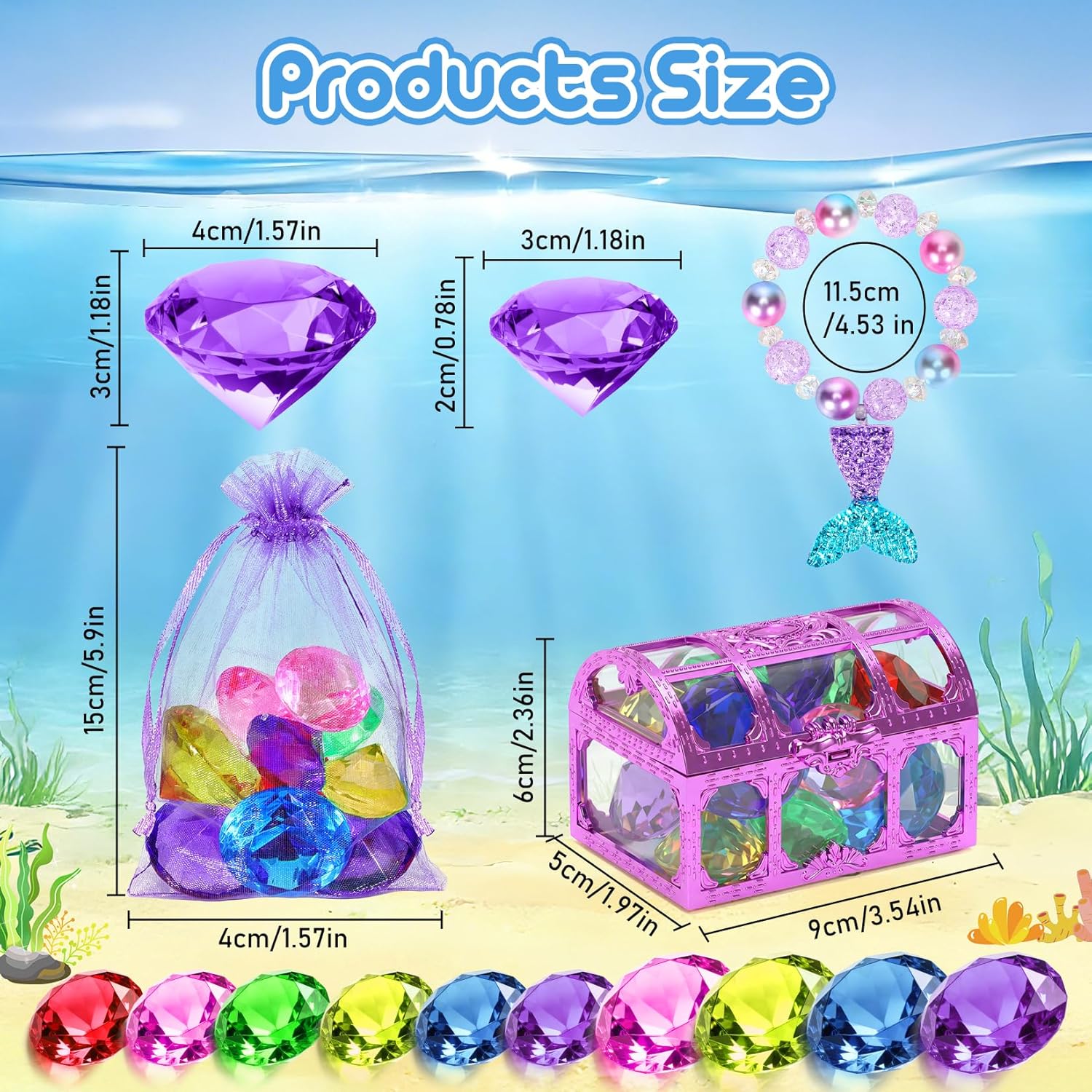 VGOFUN Diving Gems Pool Toys,10 Pcs Colorful Diamond with Treasure Chest Pirate Box Kids Swim Toys Acrylic Underwater Gemstone for Boys Girls Bath Toys Swimming Training Gift Water Pool Games Quick Pick Grocers