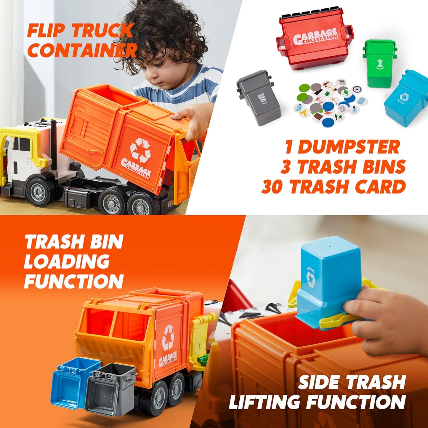 JOYIN Large Friction Powered Garbage Truck Toy Set, Includes Dumpster, Trash Bins, and Learning Cards for Kids Quick Pick Grocers