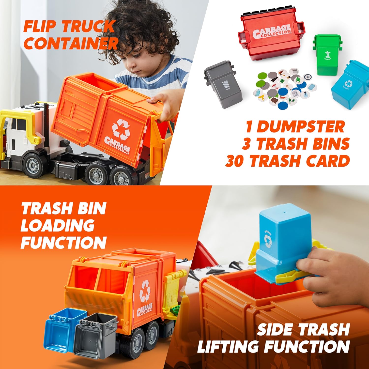 JOYIN Large Friction Powered Garbage Truck Toy Set, Includes Dumpster, Trash Bins, and Learning Cards for Kids Quick Pick Grocers