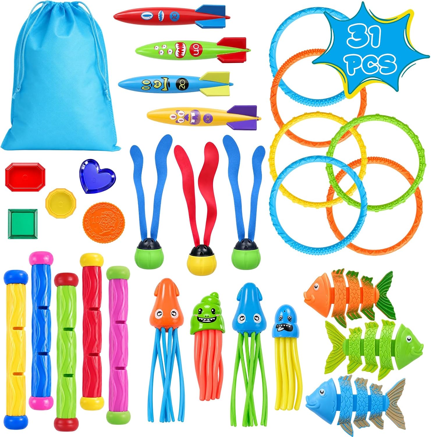 Click to see full view 31Pcs Swim Dive Toys Pool Games Outdoor Water Essential Bath Accessories for Kid Toddler Baby Toy Age 3 4 5 6 7 8 9 10 11 12 Year Old Cool Girl Boy Stuff Fun Summer Gift Quick Pick Grocers