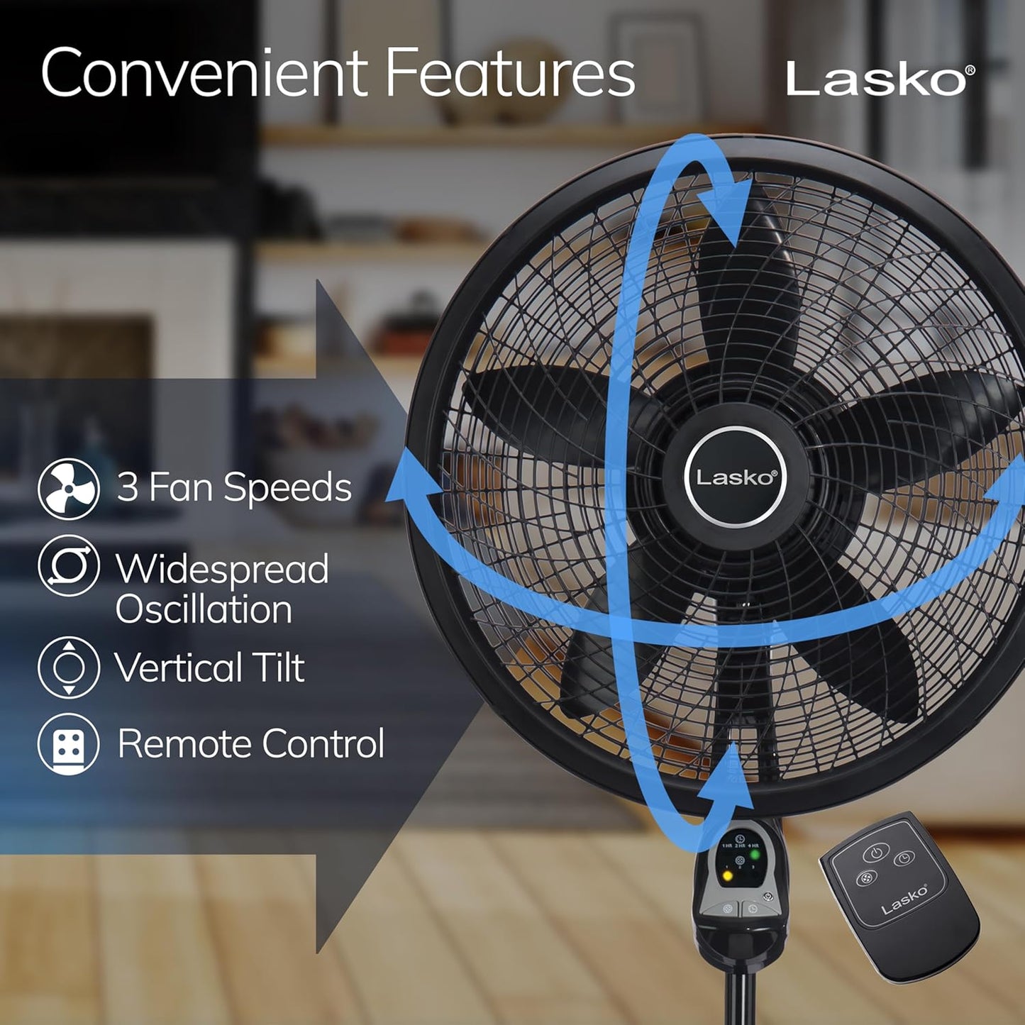 Lasko Oscillating Cyclone Pedestal Fan with Remote Control - Cooling Standing Fan for Bedroom, Living Room, and Home Office - Adjustable Height - 3 Quiet Speeds - 1843 - 18" Blade Diameter - Black Quick Pick Grocers