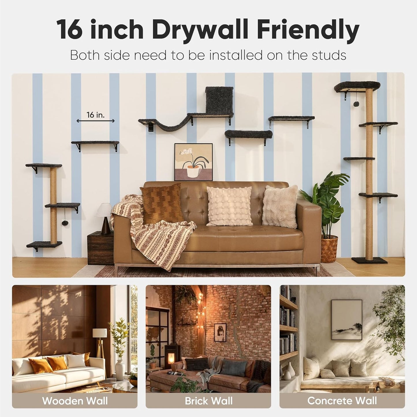 FUKUMARU Cat Wall Shelves, Stable & Safe 4 in 1 Cat Walls Furniture Set, Wooden Kitten Climbing Wall with Scratching Post for 16 Inch Drywall Quick Pick Grocers