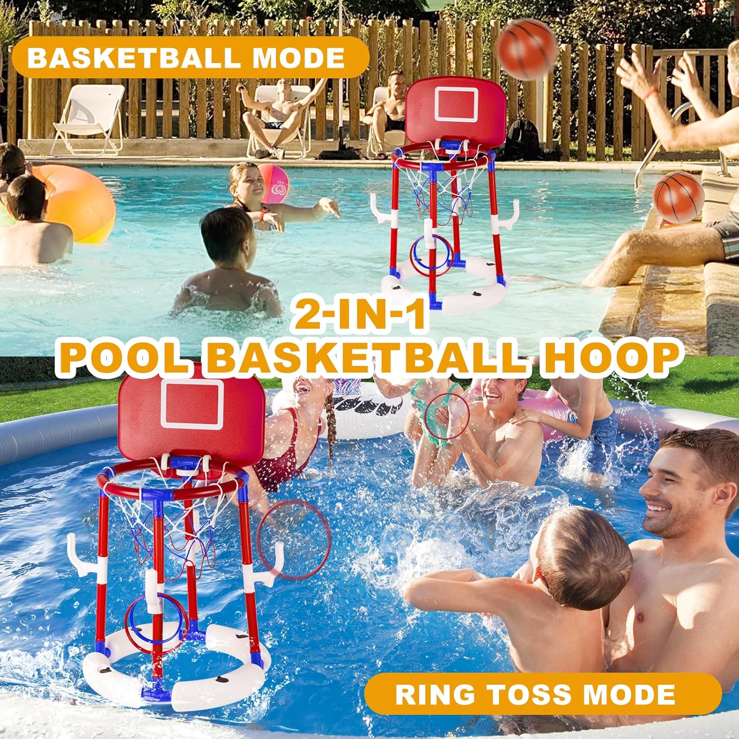 2-in-1 Poor Toy Basketball & Ring Toss Game with 4 Balls, 6 Rings&Pump, Summer Pool Toys Outdoor Water Fun Family Party for Age 3-12 Quick Pick Grocers